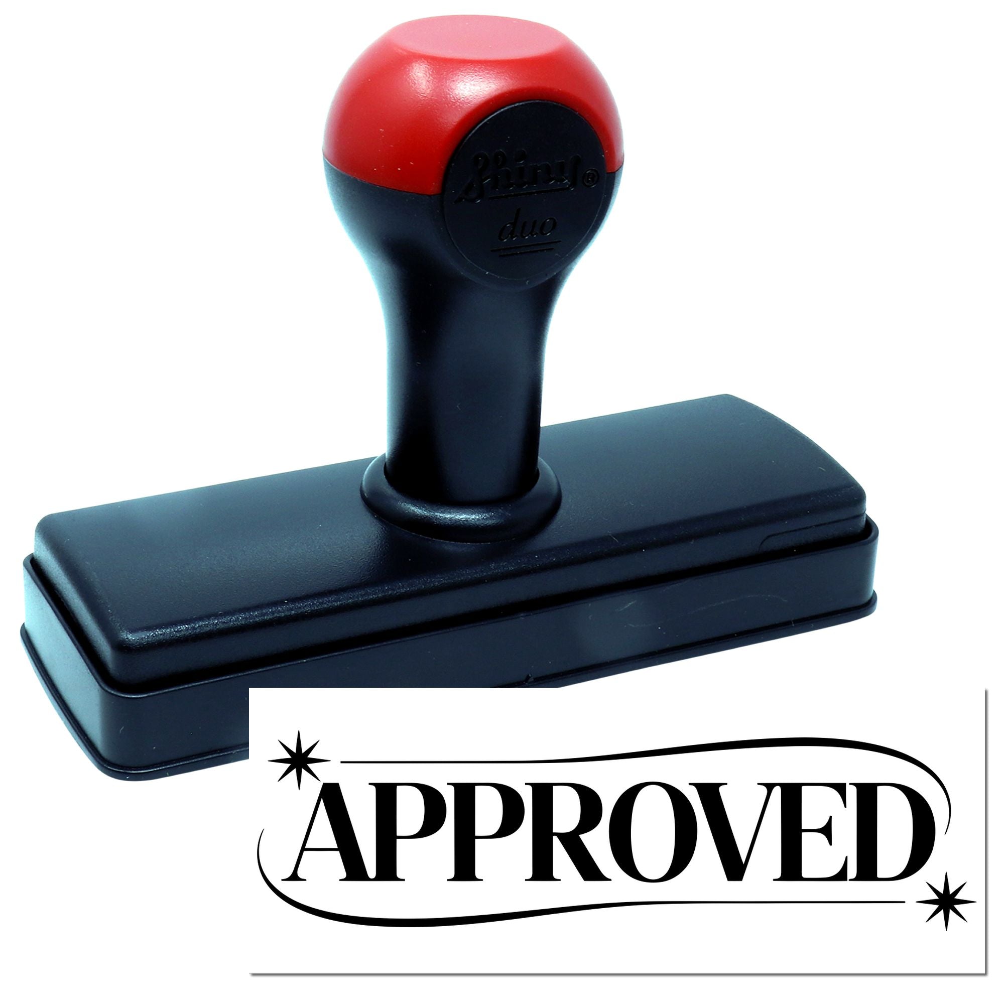 Red and black self-inking stamp with APPROVED seal