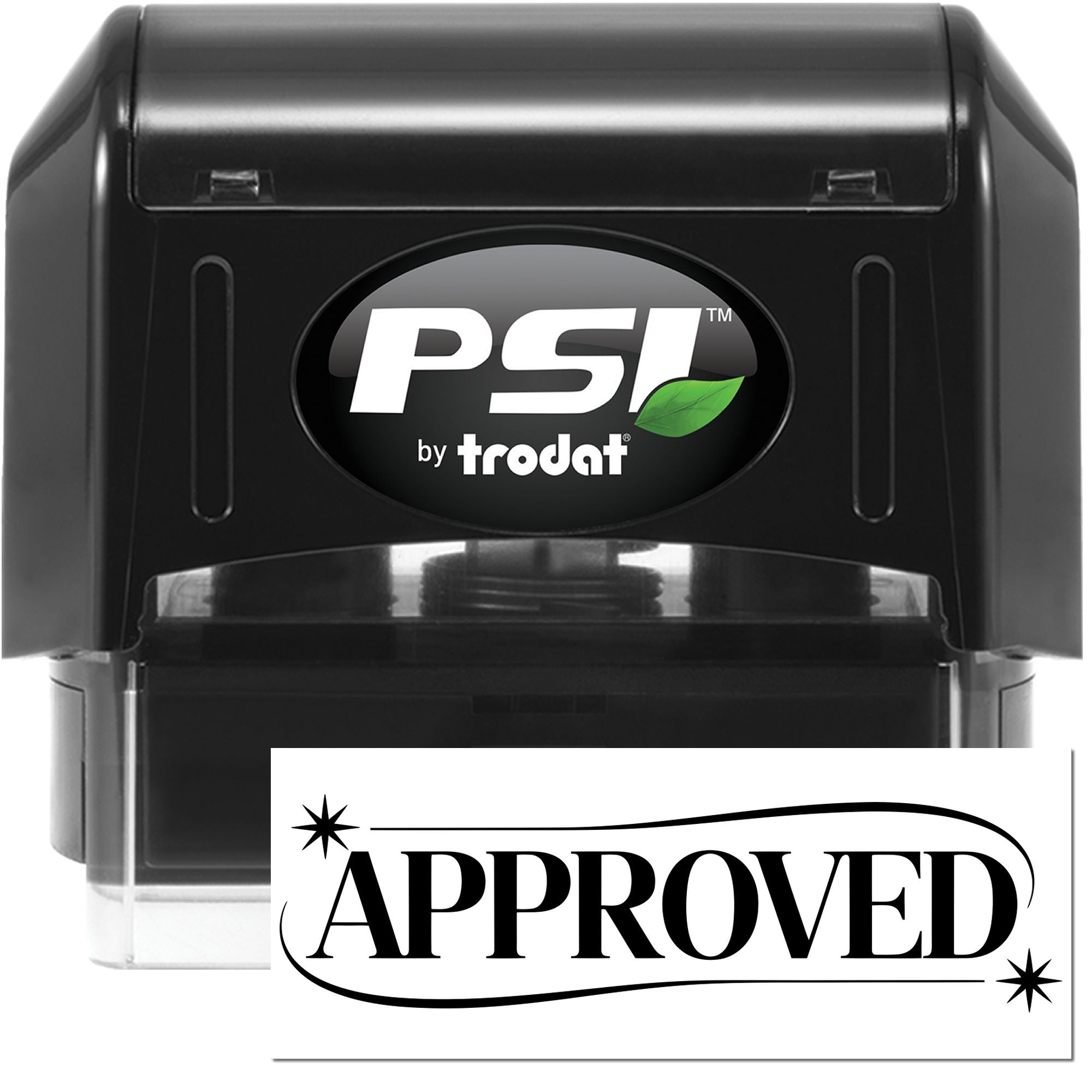 Black PSI by Trodat self-inking stamp and approved seal, with clear base and bold white logo