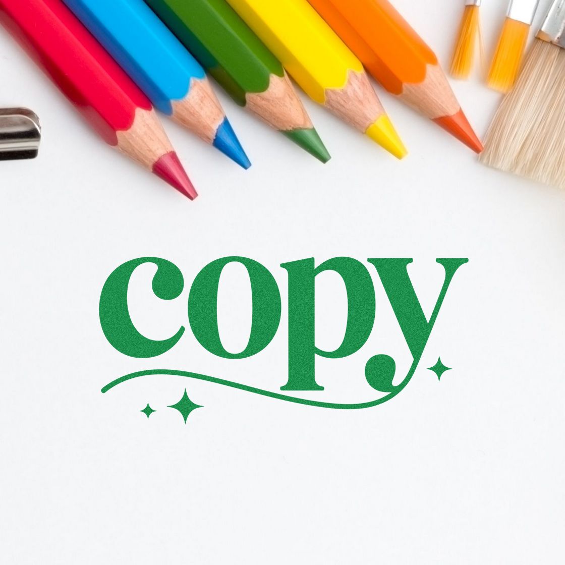 Green copy stamp seal with sparkle accents, framed by colorful pencils on a white background
