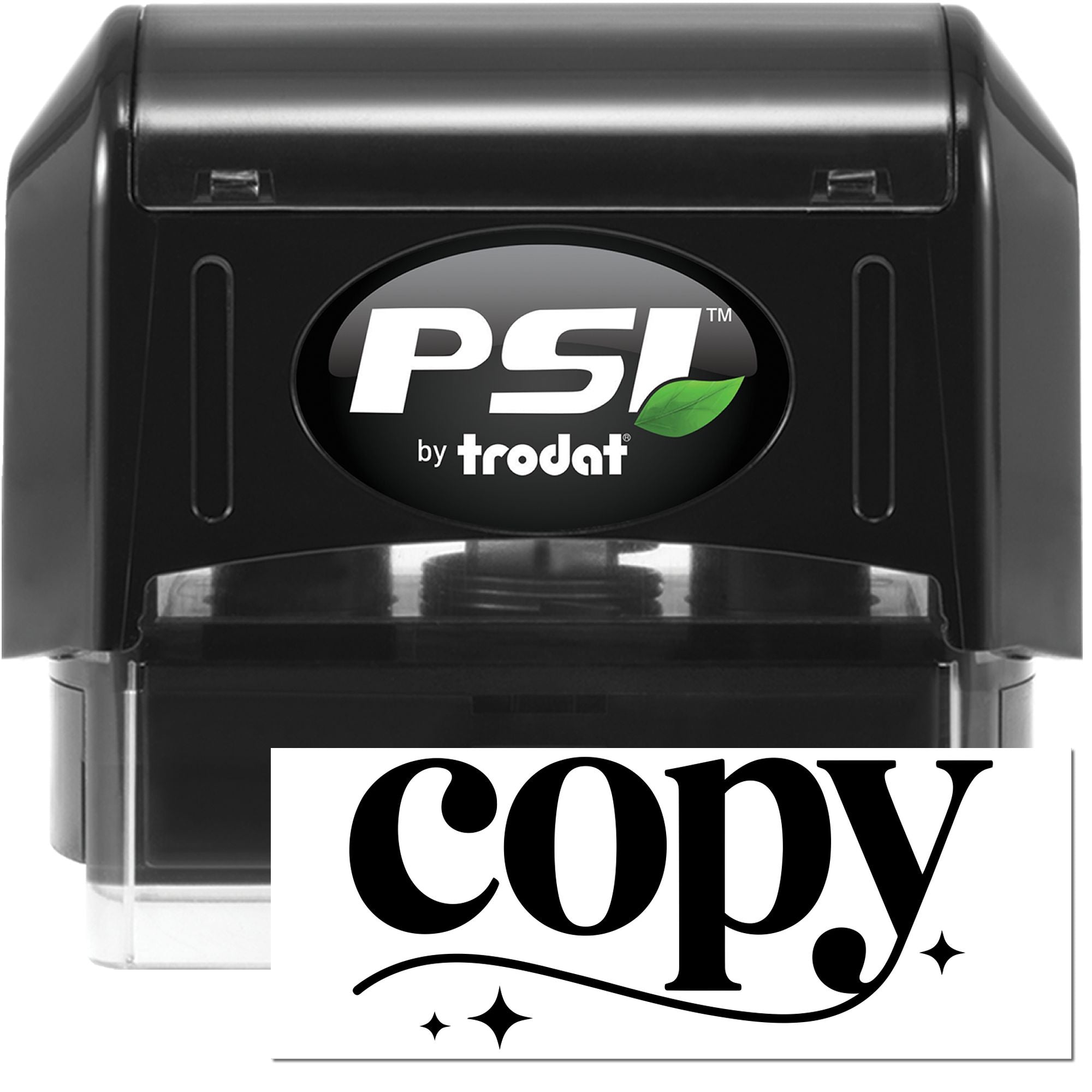 Black PSI by Trodat self-inking stamp and seal in black, with green leaf logo and clear copy impression on white background.