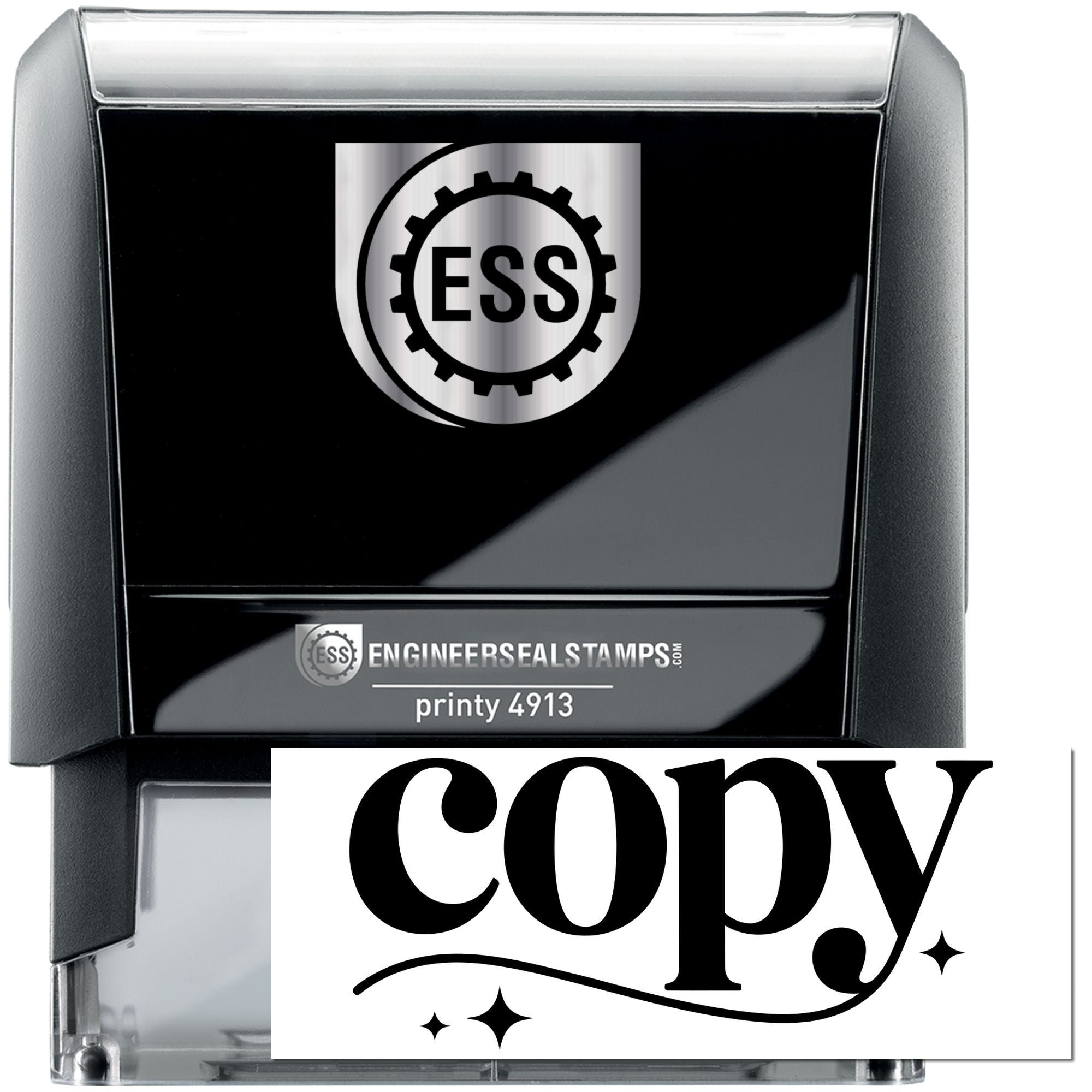 Black self-inking engineer seal stamp, black and silver, with ESS logo and bold copy imprint.