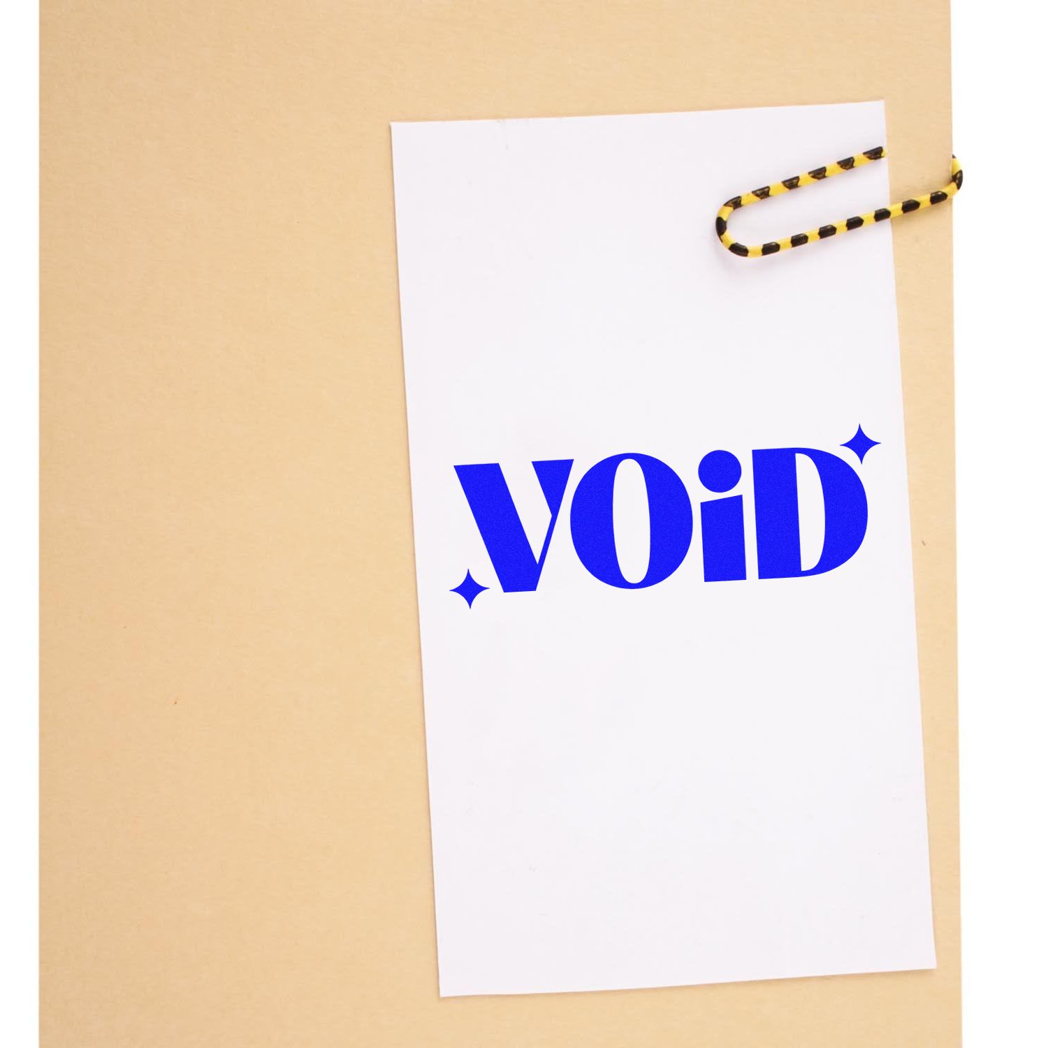 Blue VOID tamper-evident seal stamp on white card, clipped with yellow-black striped cord.