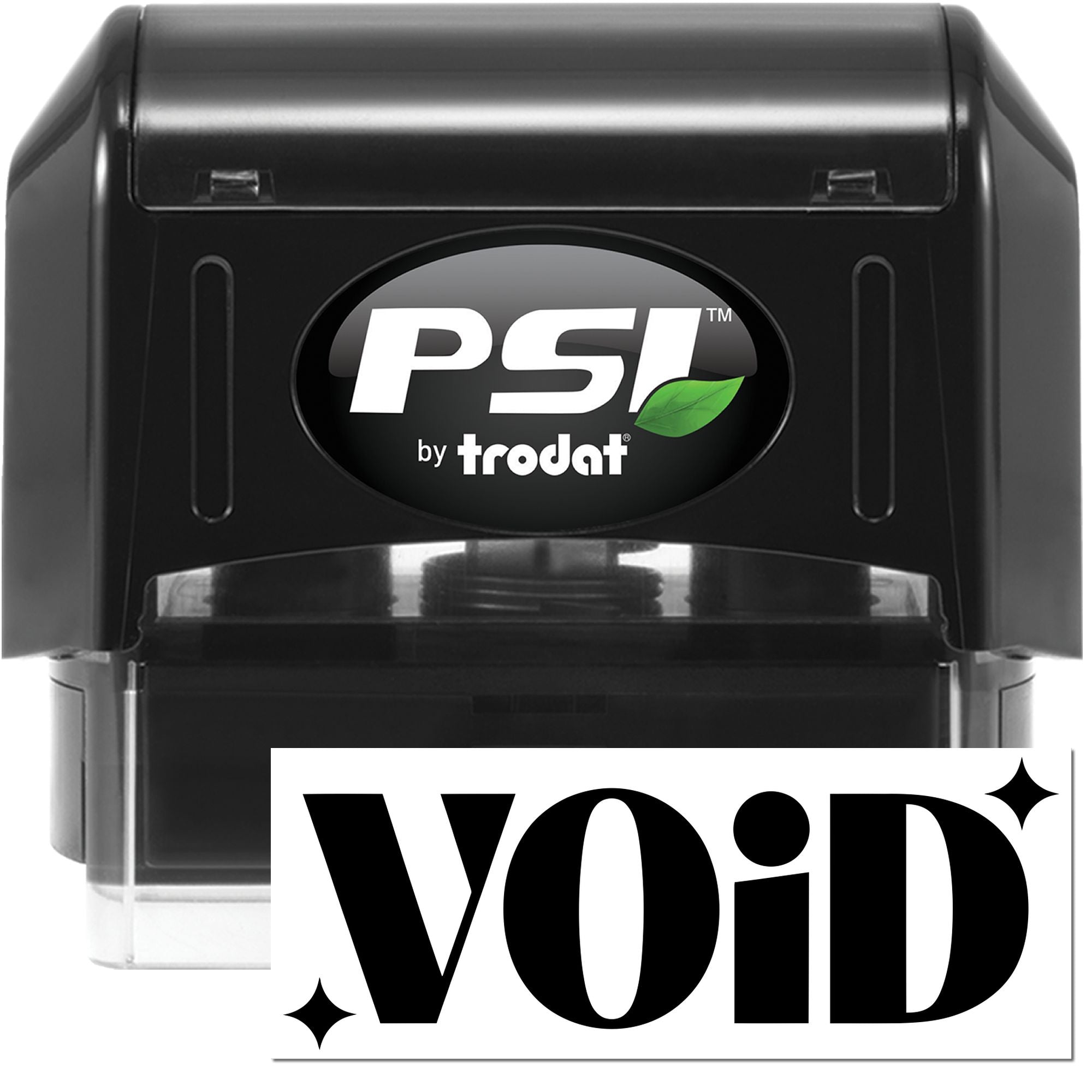 Black PSI by Trodat VOID self-inking stamp and seal with green leaf logo and clear base.