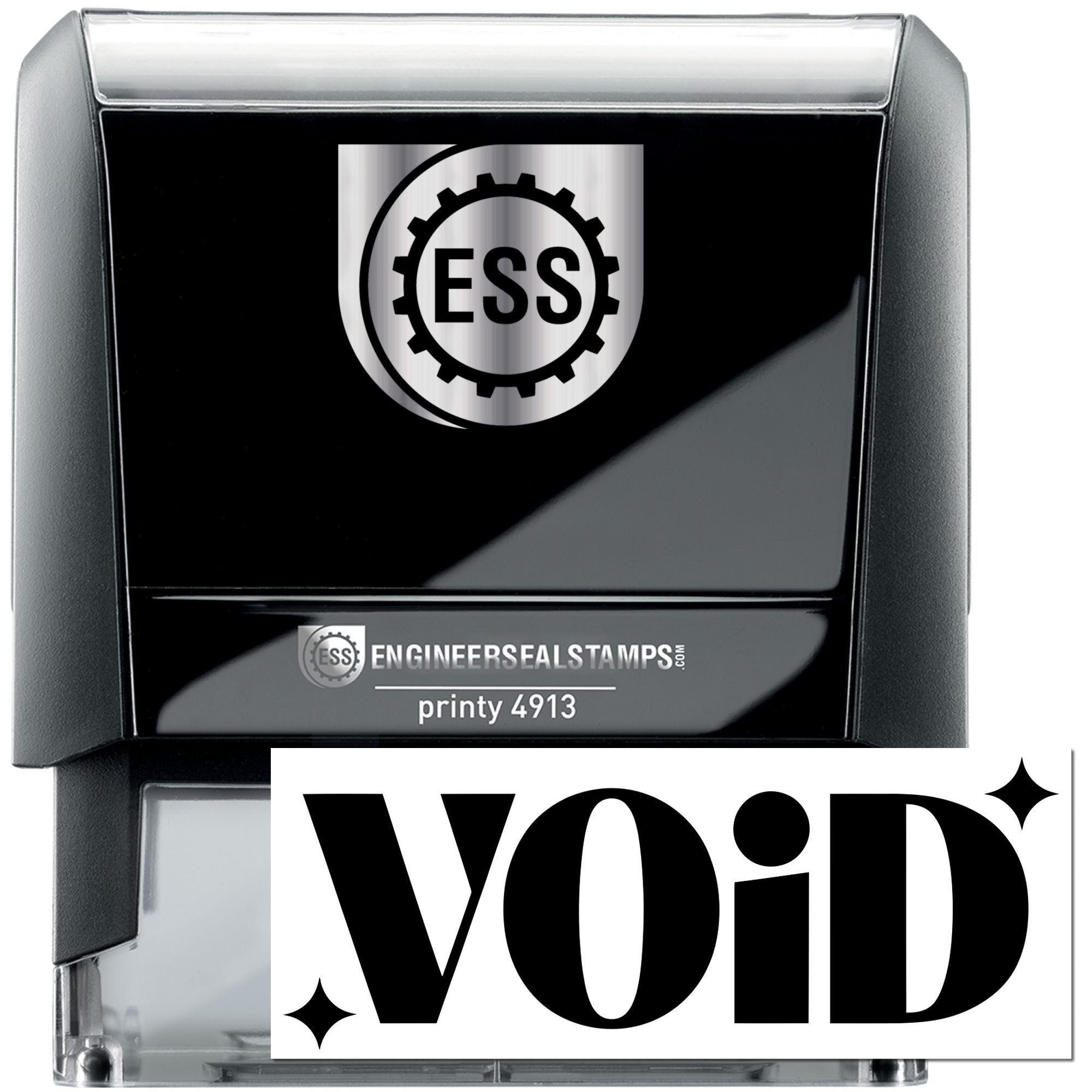 Black and silver ESS self-inking engineer seal stamp with VOID imprint and clear case