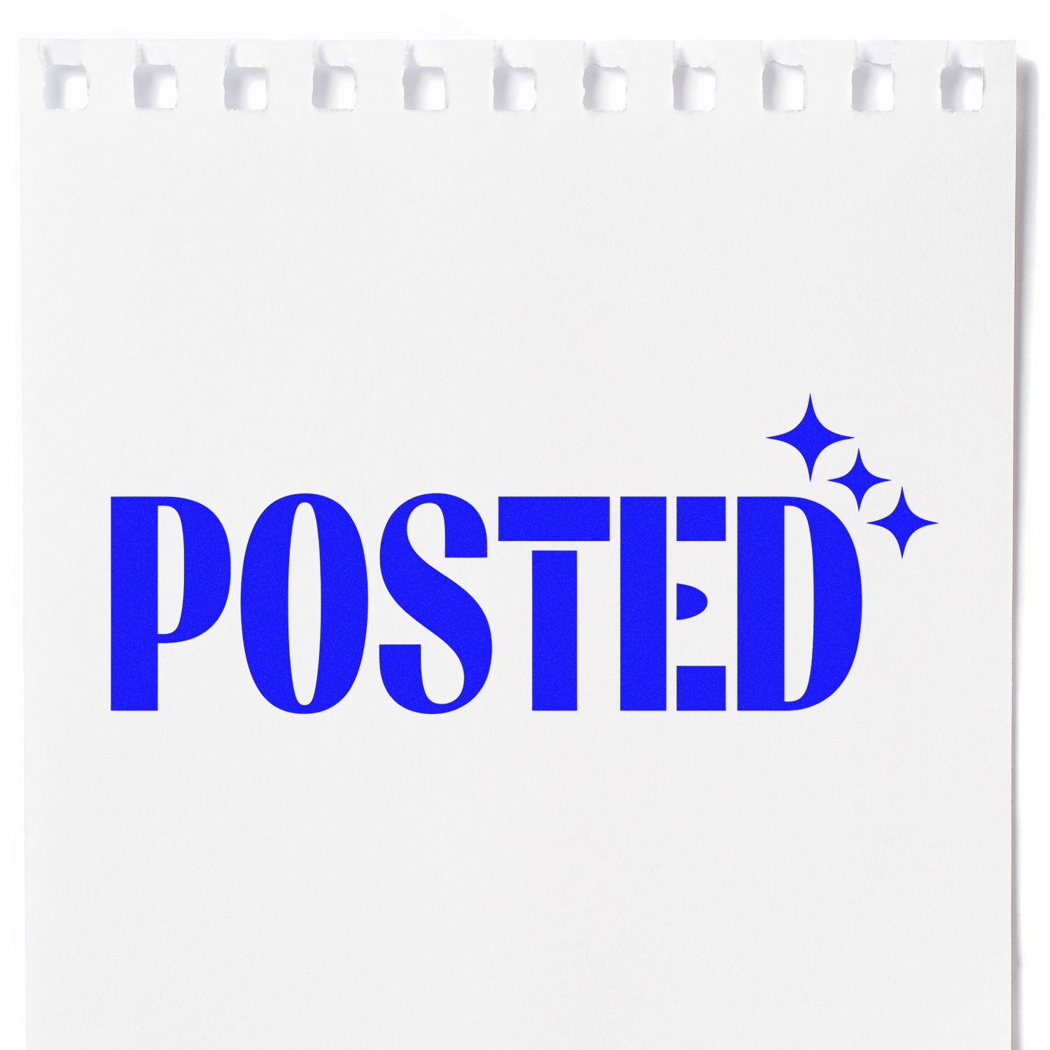 Blue POSTED stamp seal on white perforated paper with sparkle accents.