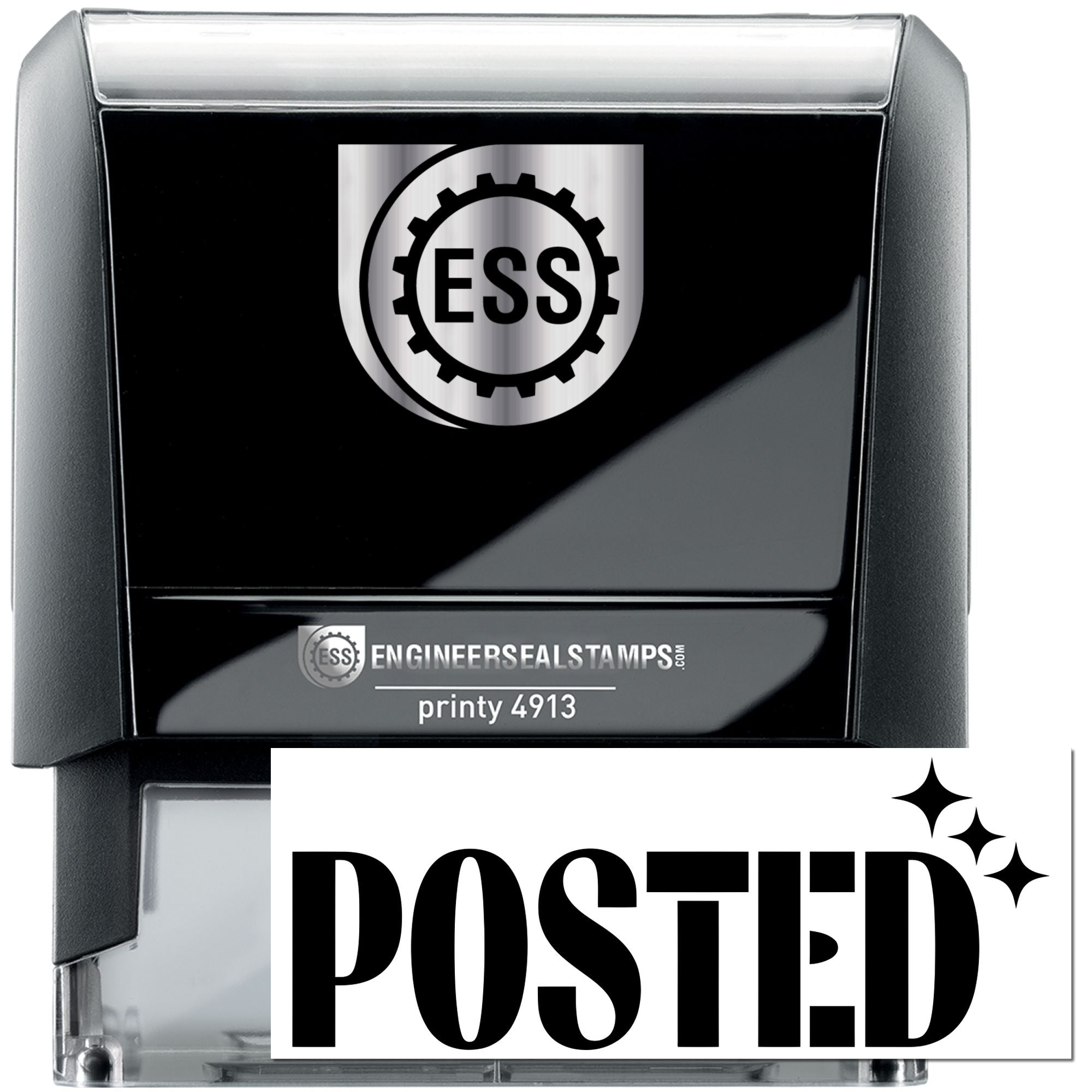 Black self-inking stamp with silver trim, ESS gear logo, and bold POSTED seal text.