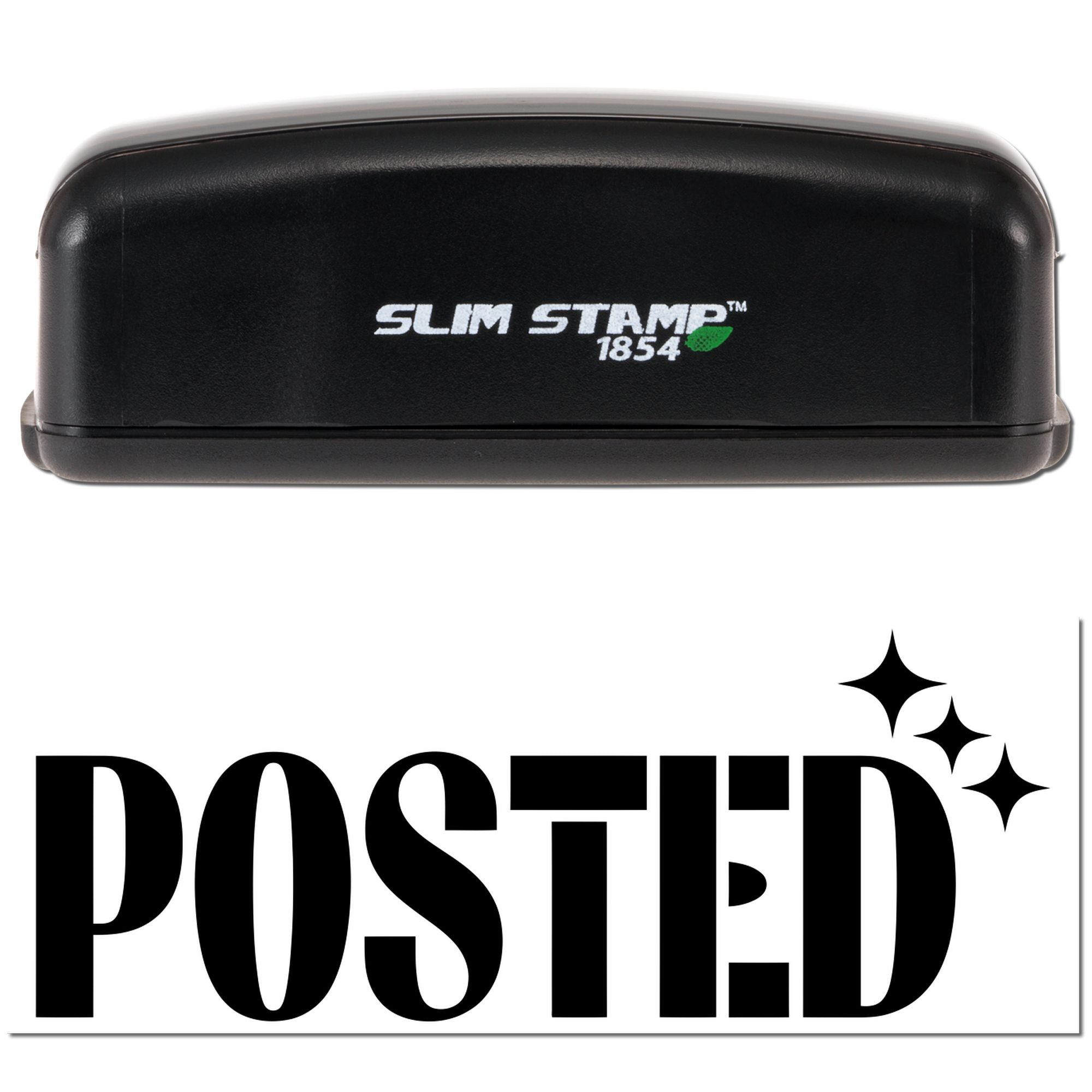 Black Slim Stamp 1854 stamp and seal embosser with white logo and bold POSTED seal on white background.
