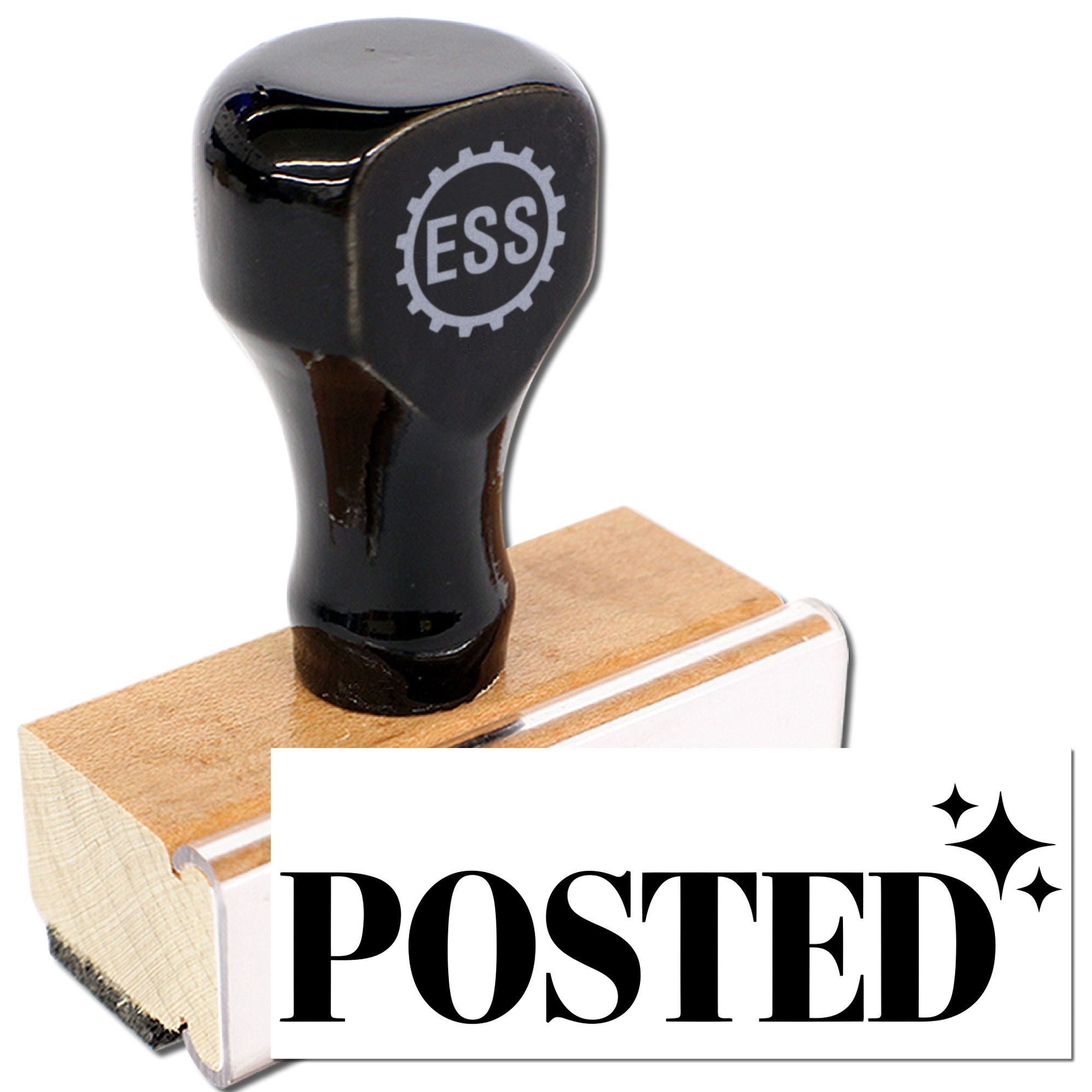 Black ESS rubber stamp with wooden handle and bold POSTED seal impression on white background