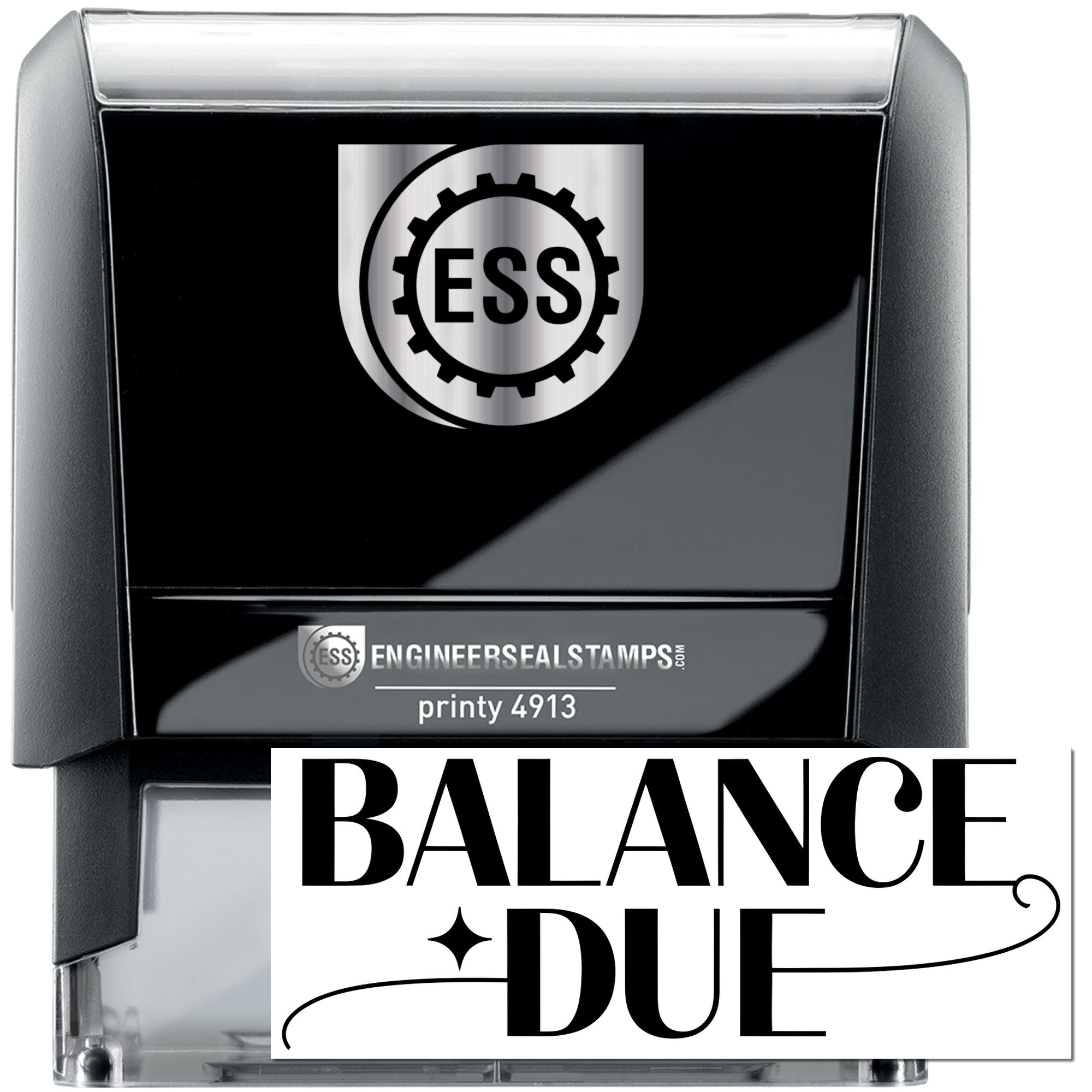 Black self-inking stamp with silver top, ESS gear logo, and white Balance Due seal.