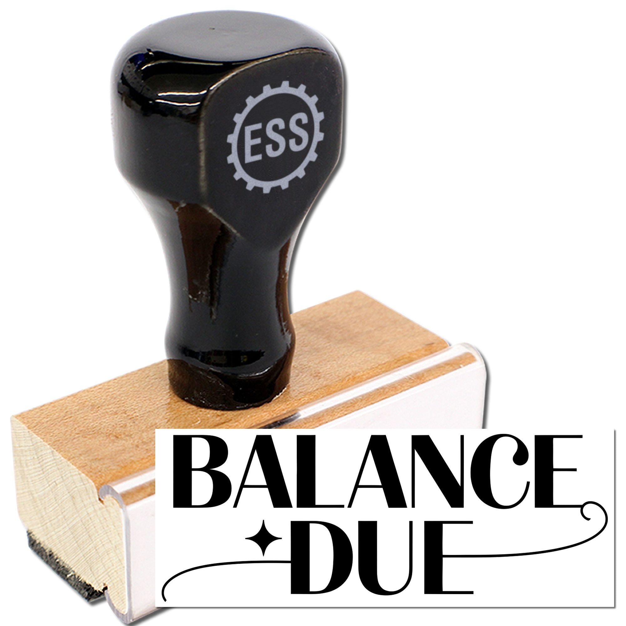 Black balance due stamp and seal with wooden handle, featuring ESS logo on white background.