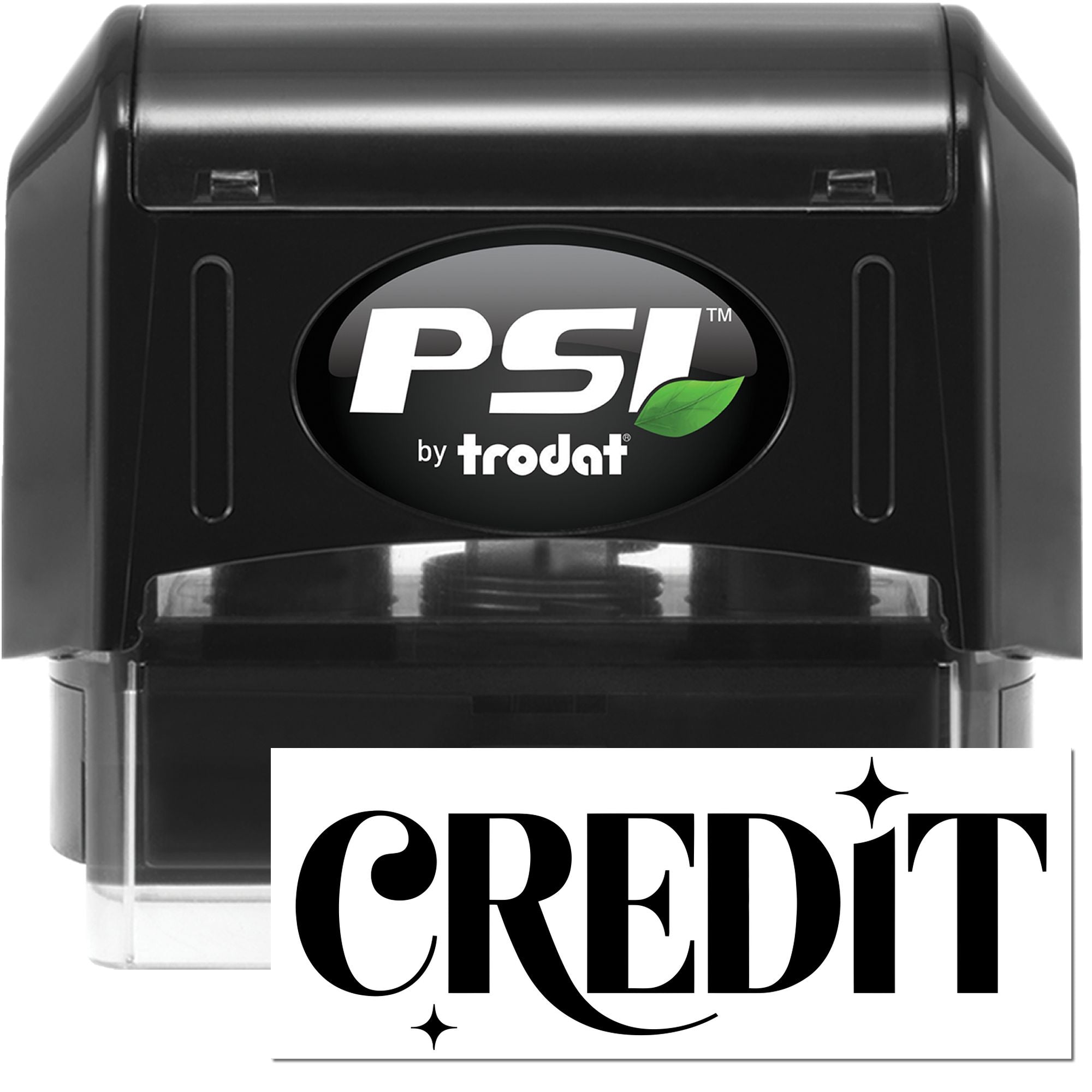 Black PSI by Trodat self-inking stamp and seal with glossy black casing and white CREDIT imprint logo.