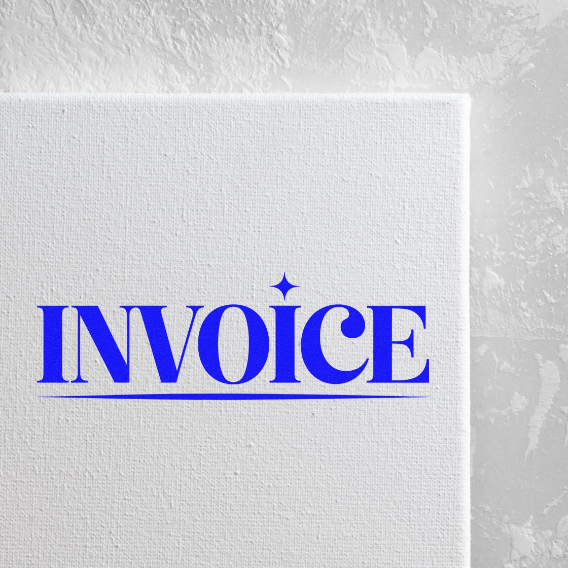 Blue INVOICE stamp with star seal and underline on white textured paper background