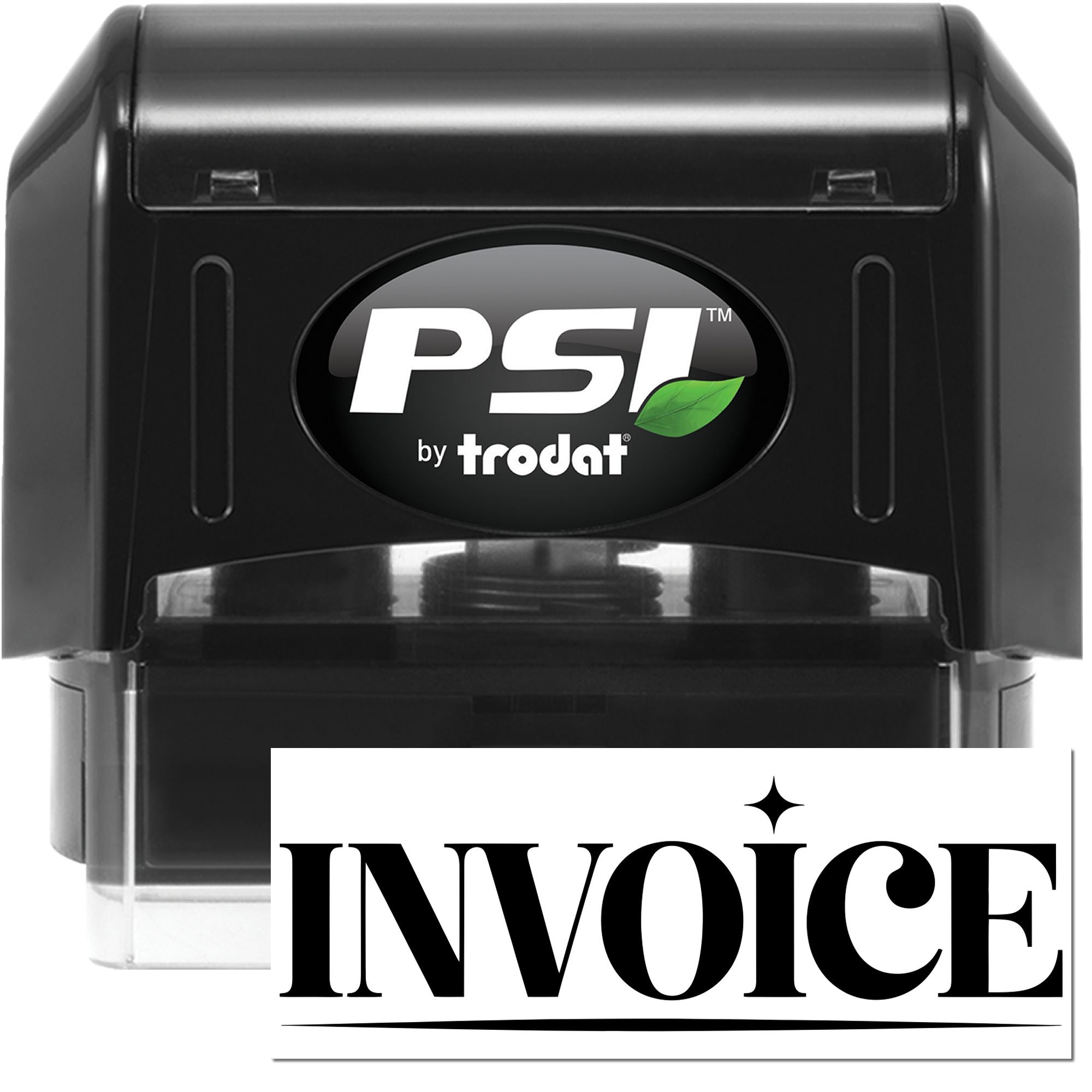 Black PSI by trodat self-inking stamp and invoice seal, with green leaf logo