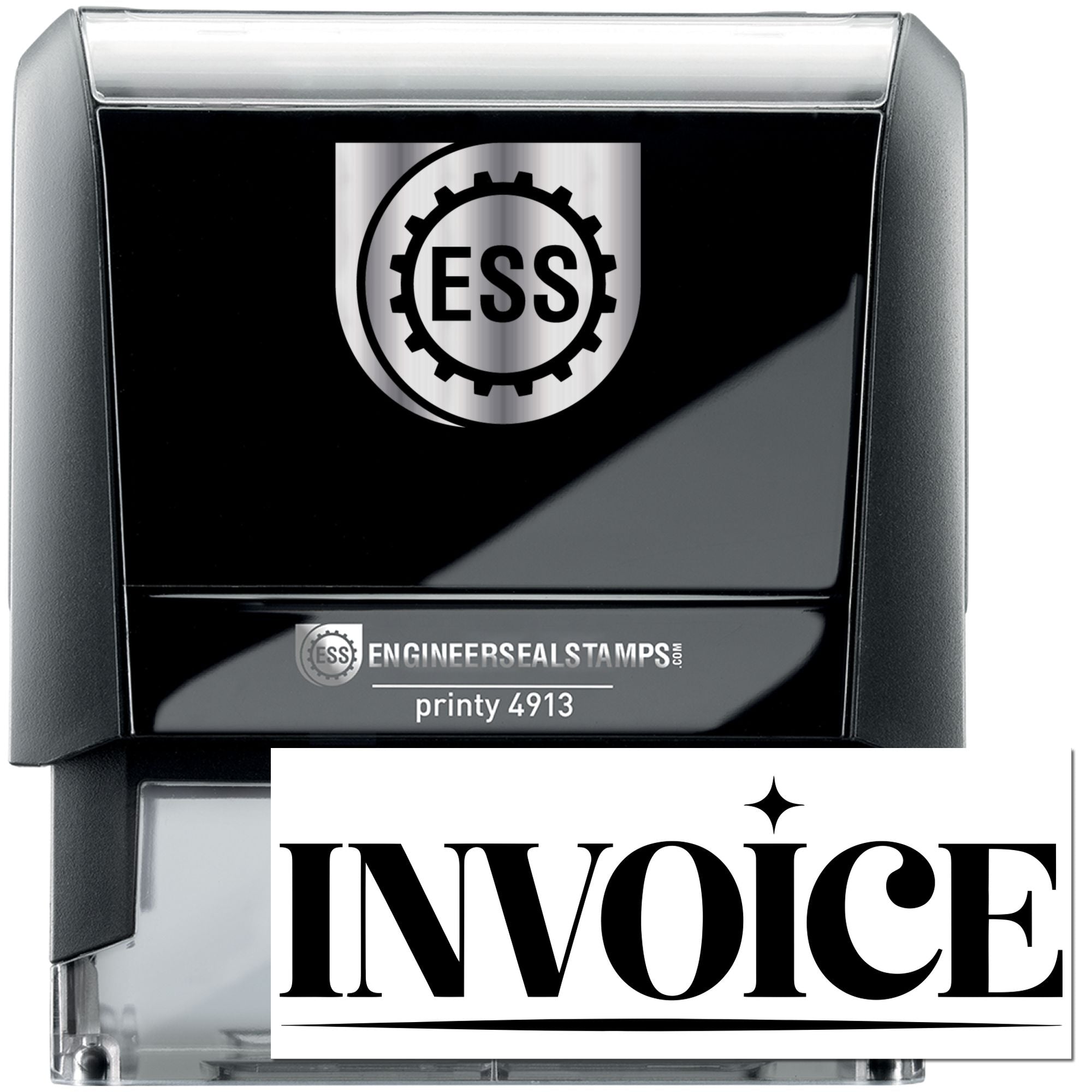 Black self-inking stamp and seal set with silver ESS logo and white INVOICE imprint on black and gray casing.