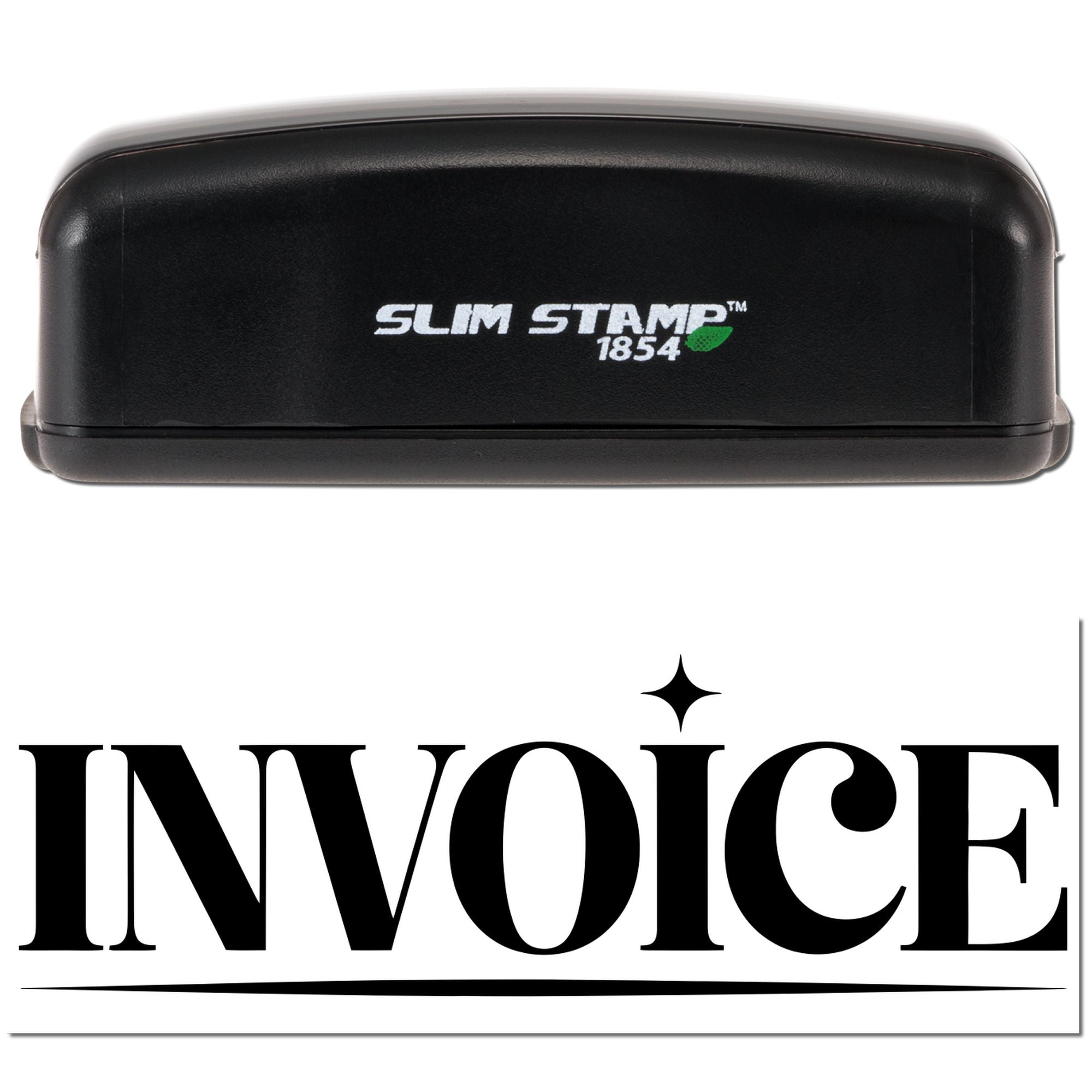 Black Slim Stamp 1854 self-inking stamp with green accent and bold black INVOICE seal impression on white background.