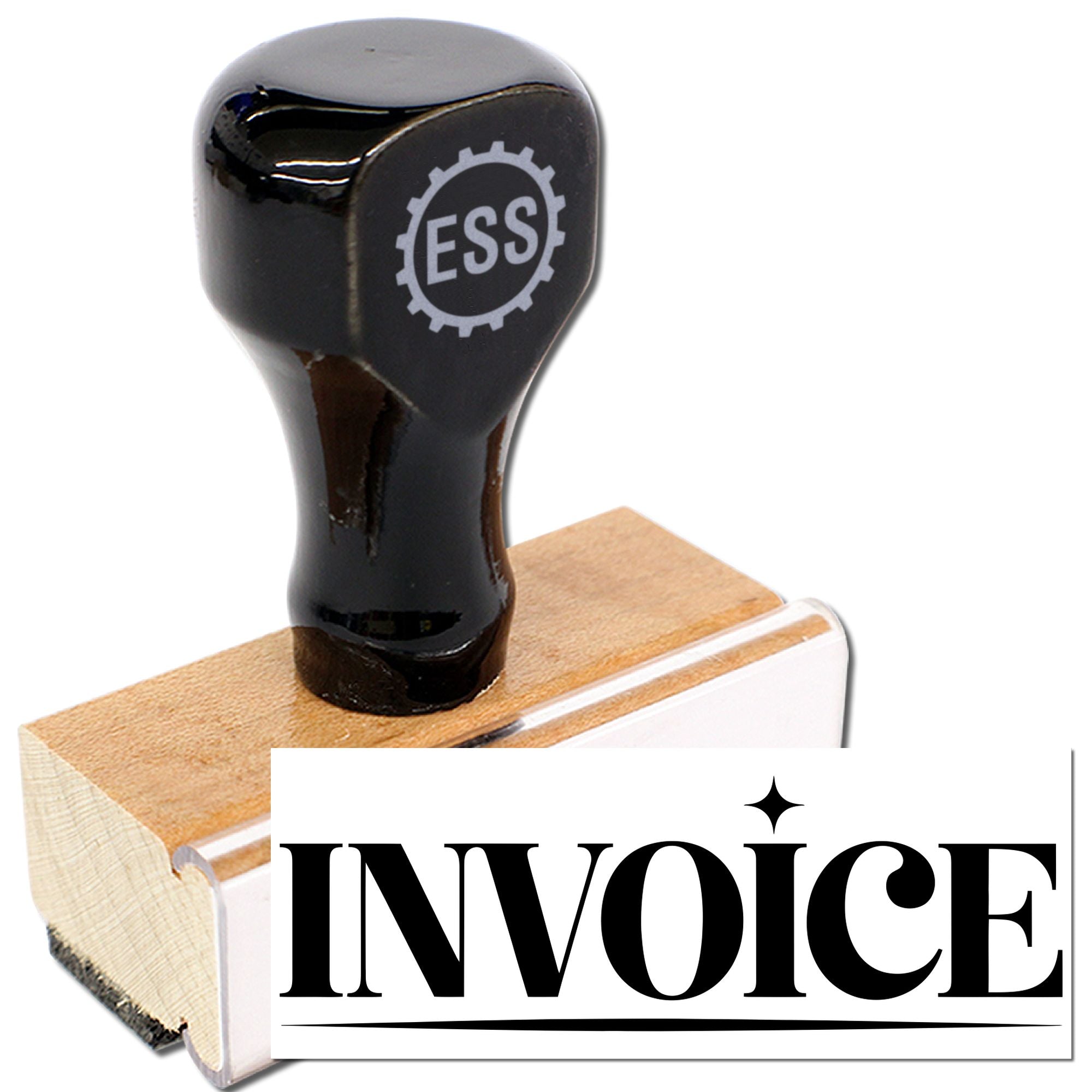 Black rubber invoice stamp with wooden handle and white INVOICE label on a clear acrylic base