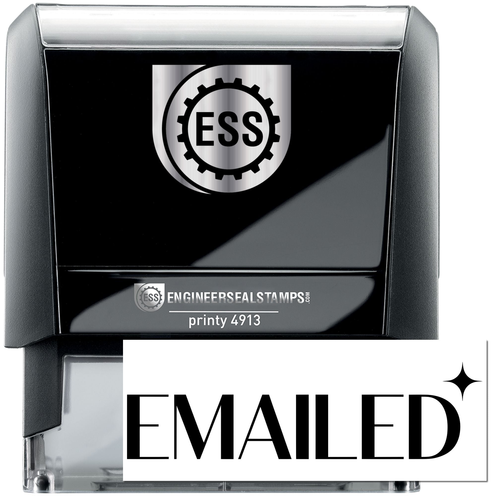 Black and silver self-inking stamp and seal with ESS gear logo and bold EMAILED imprint, printy 4913