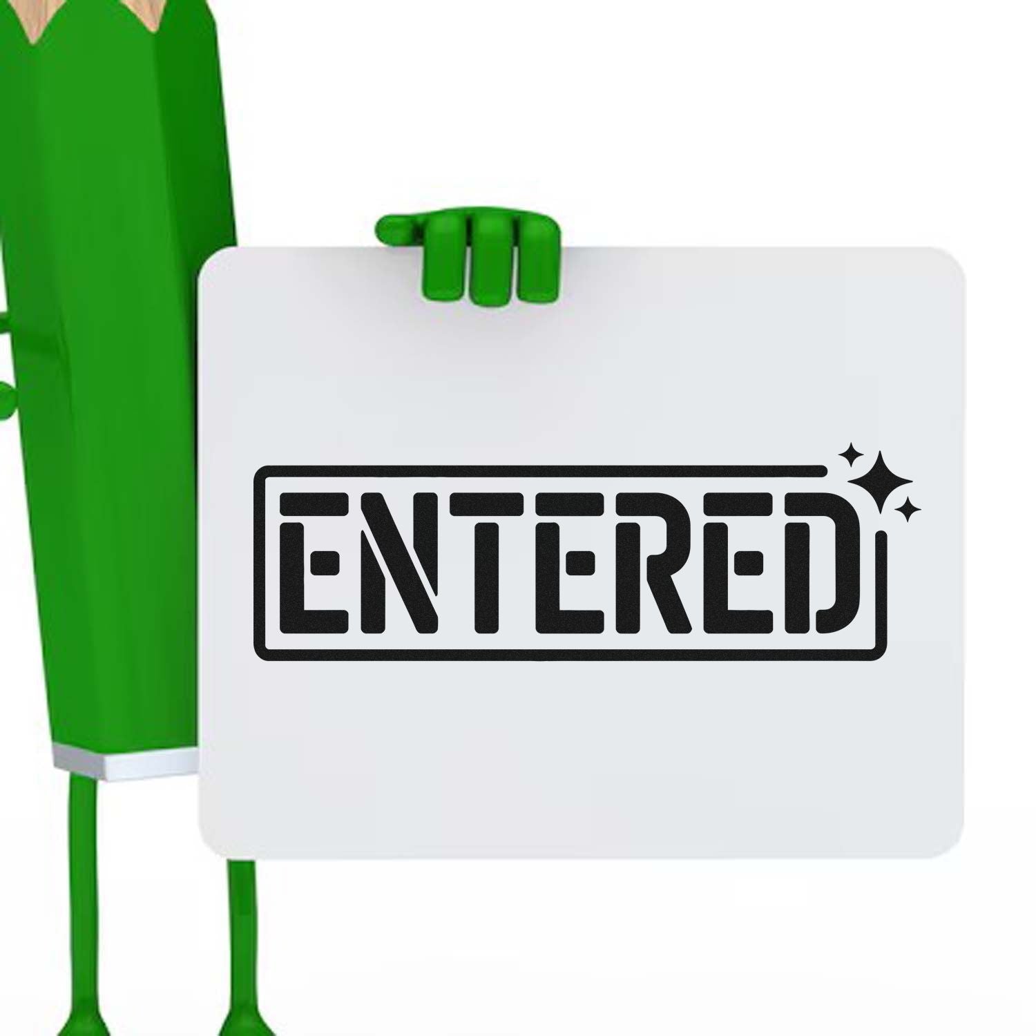 Green stamp mascot holding a white sign with a black ENTERED seal and sparkle icons on a white background.