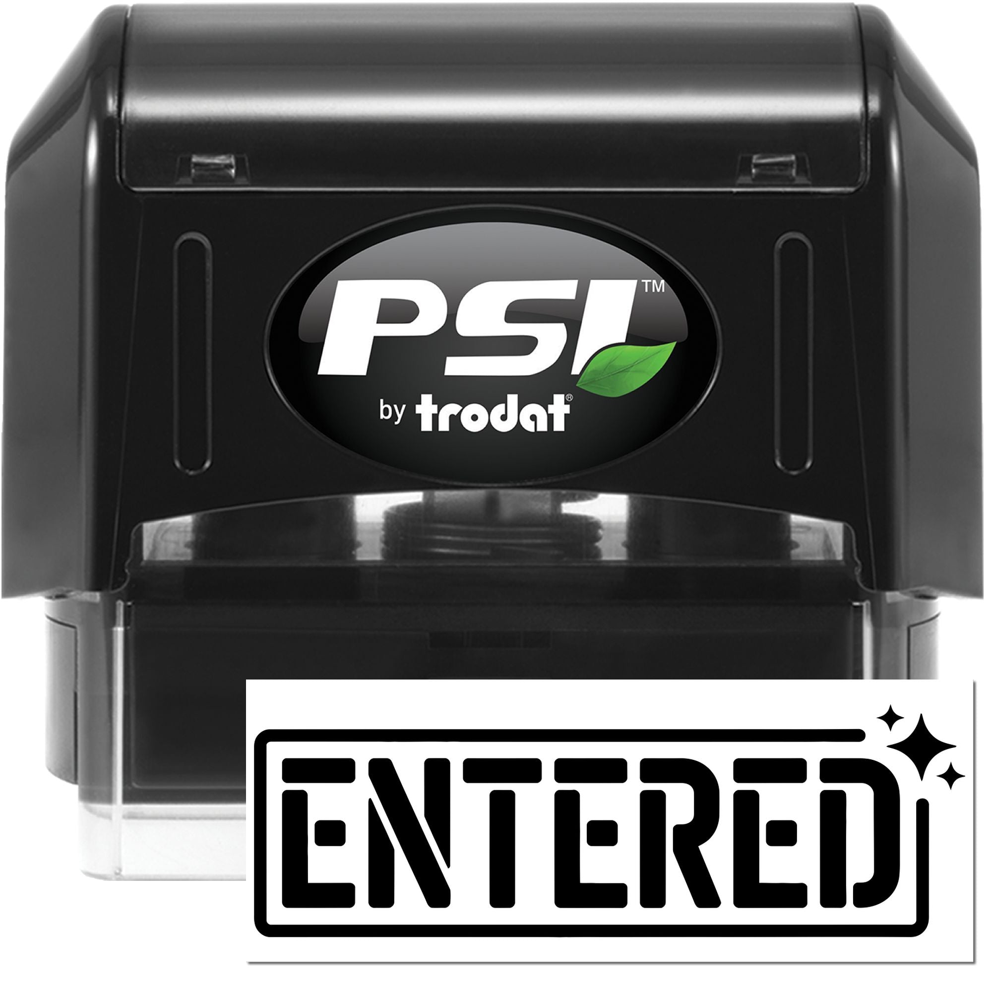Glossy black PSI by Trodat self-inking stamp and seal with green leaf logo, showing ENTERED imprint.