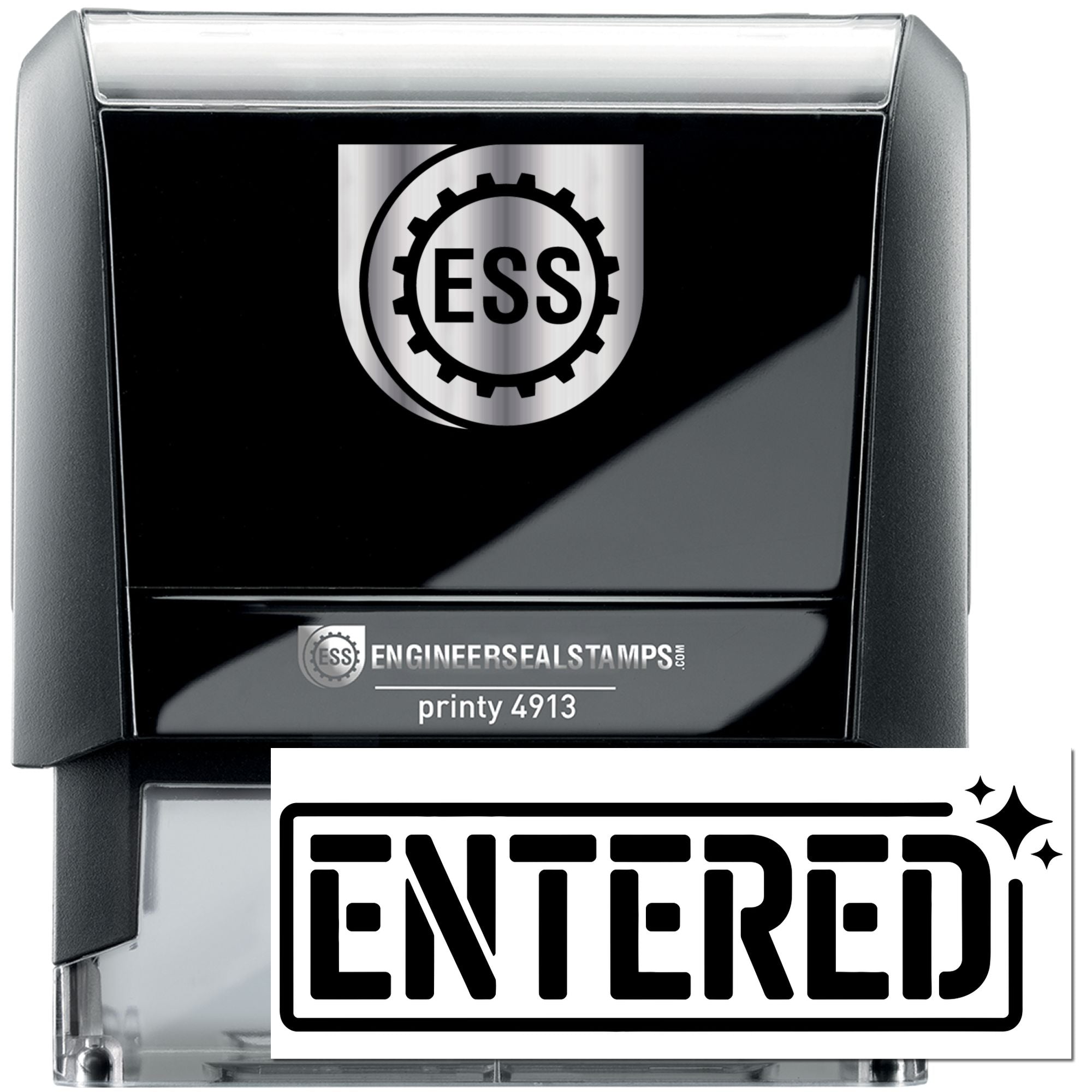 Black self-inking engineer seal stamp with silver accents, ESS logo, and ENTERED imprint