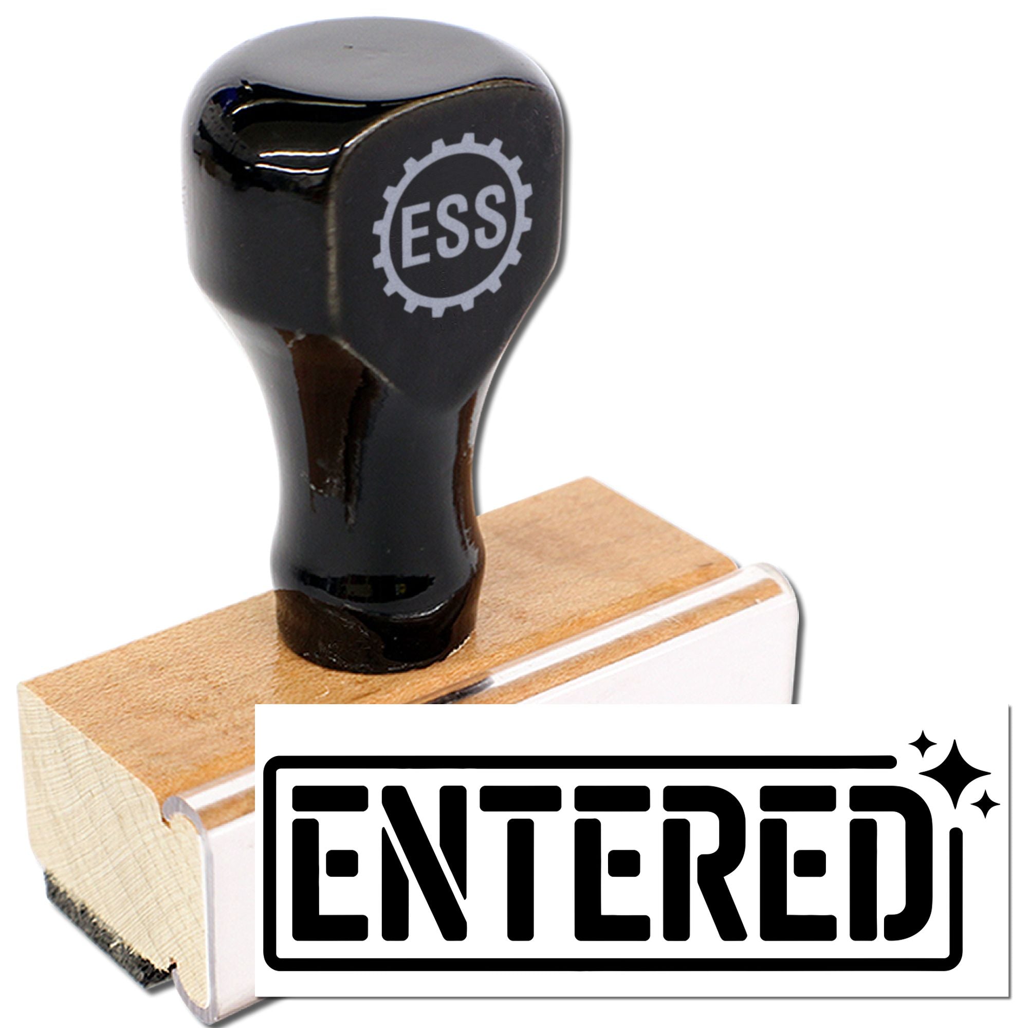 Black custom rubber stamp with ESS logo on a wood base and bold ENTERED seal impression.