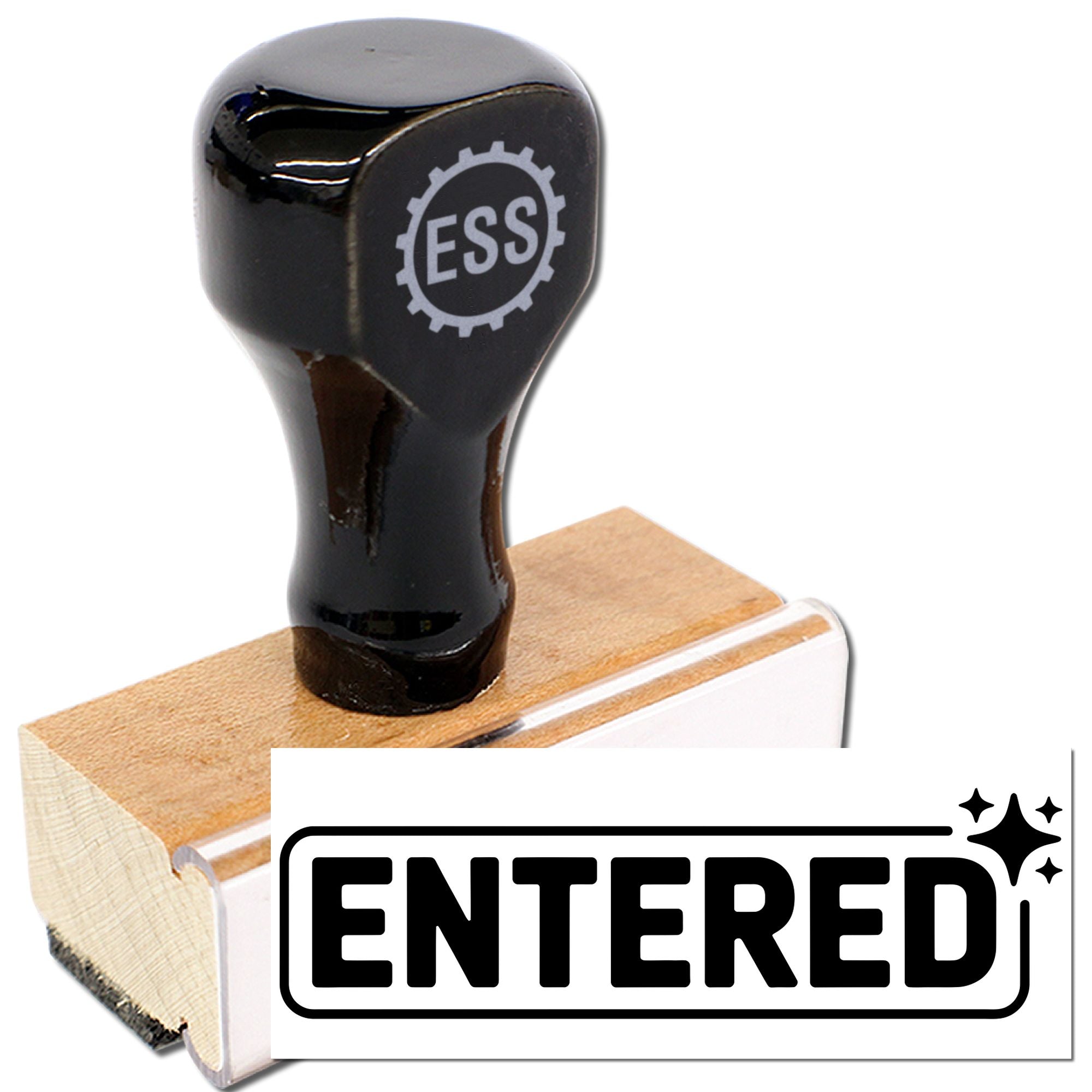 Black ESS custom stamp and seal with glossy black handle, wooden base, and bold ENTERED graphic