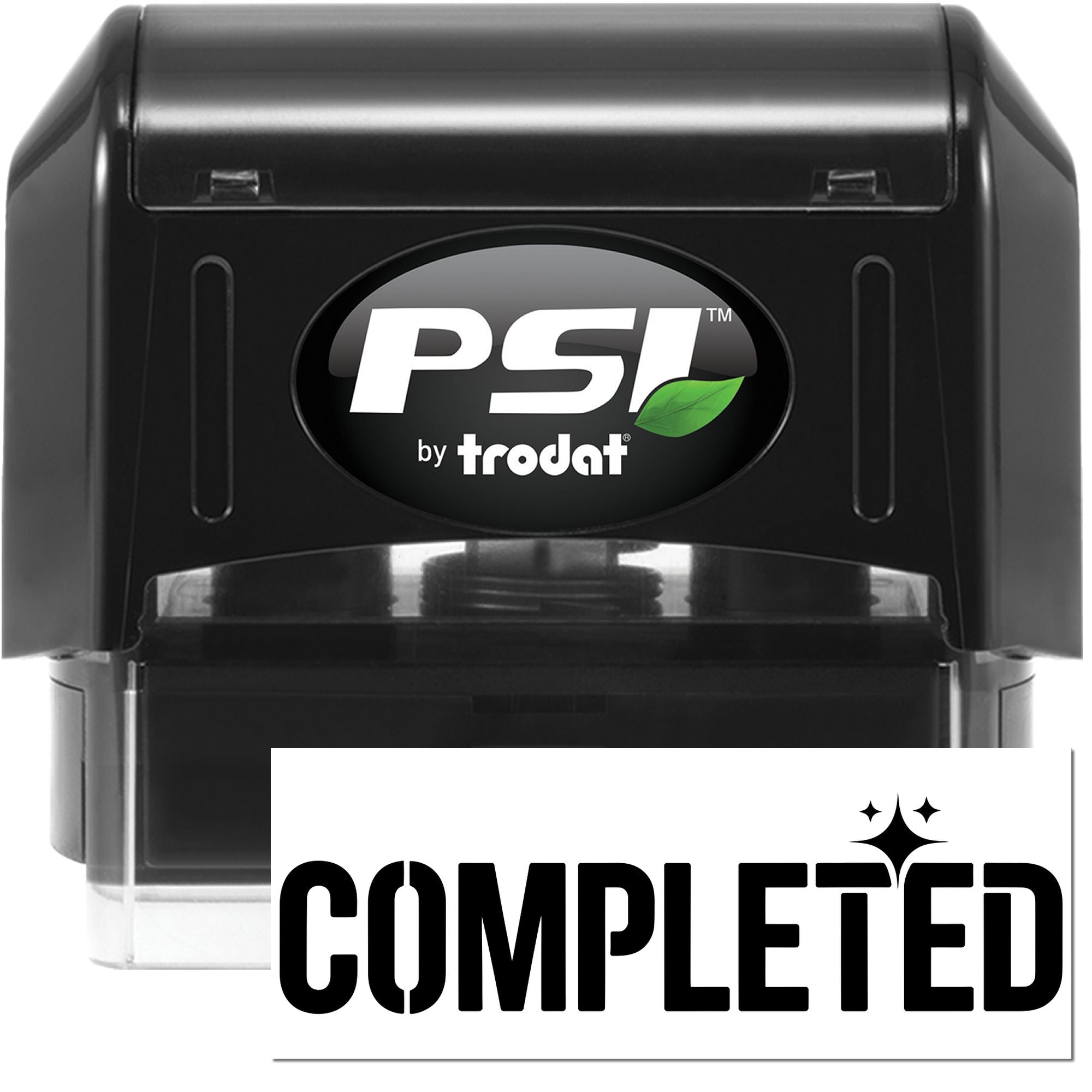 Black PSI by Trodat self-inking stamp and seal, with green leaf logo and completed label.