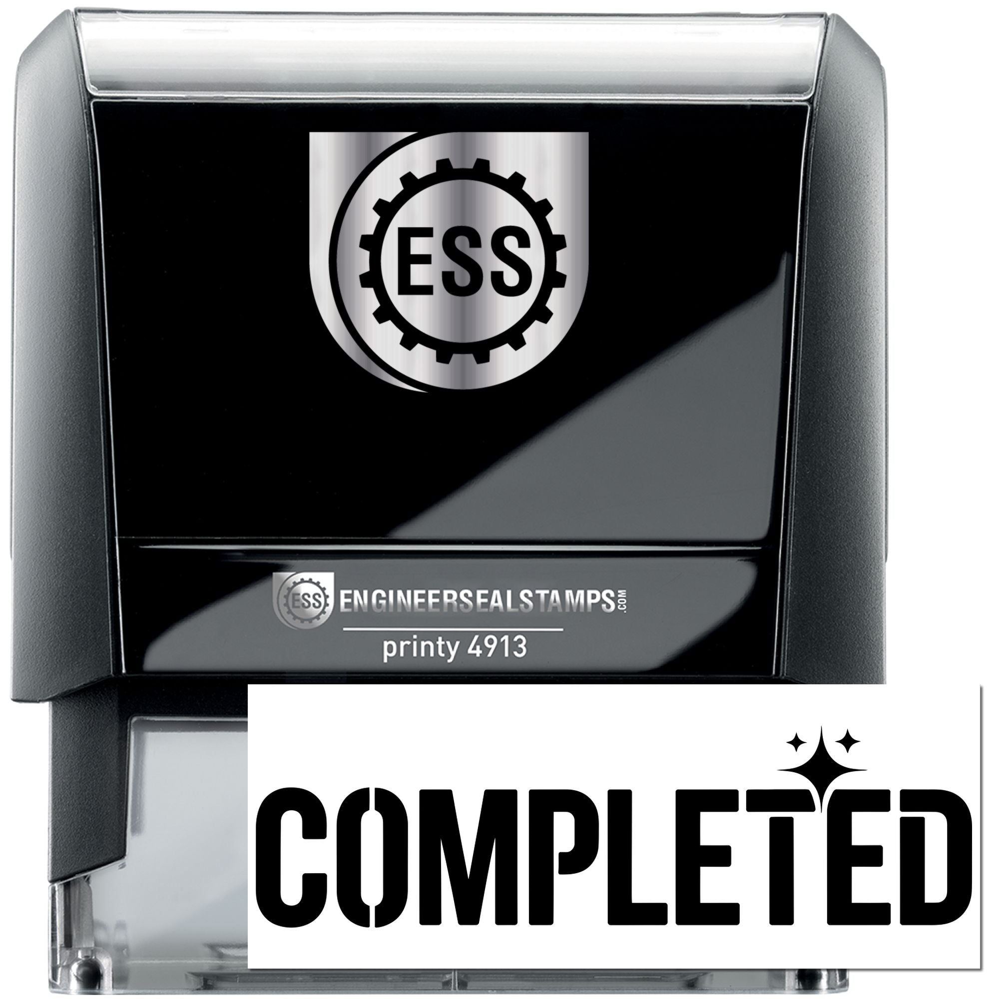 Black and silver self-inking engineer seal stamp with ESS logo and bold COMPLETED impression.