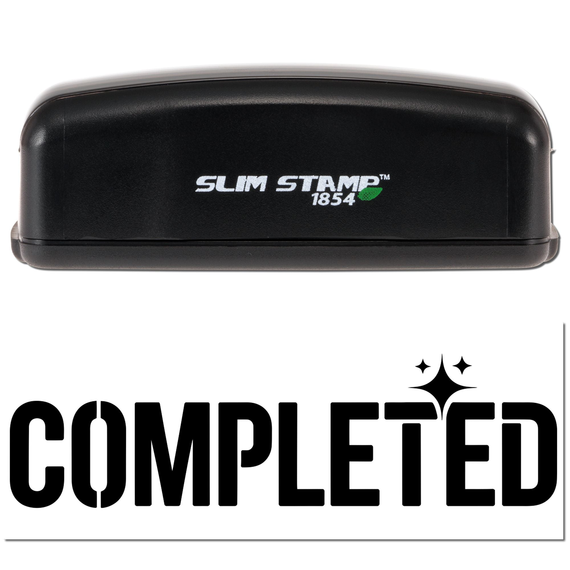 Black Slim Stamp 1854 self-inking stamp with COMPLETED seal on white background.