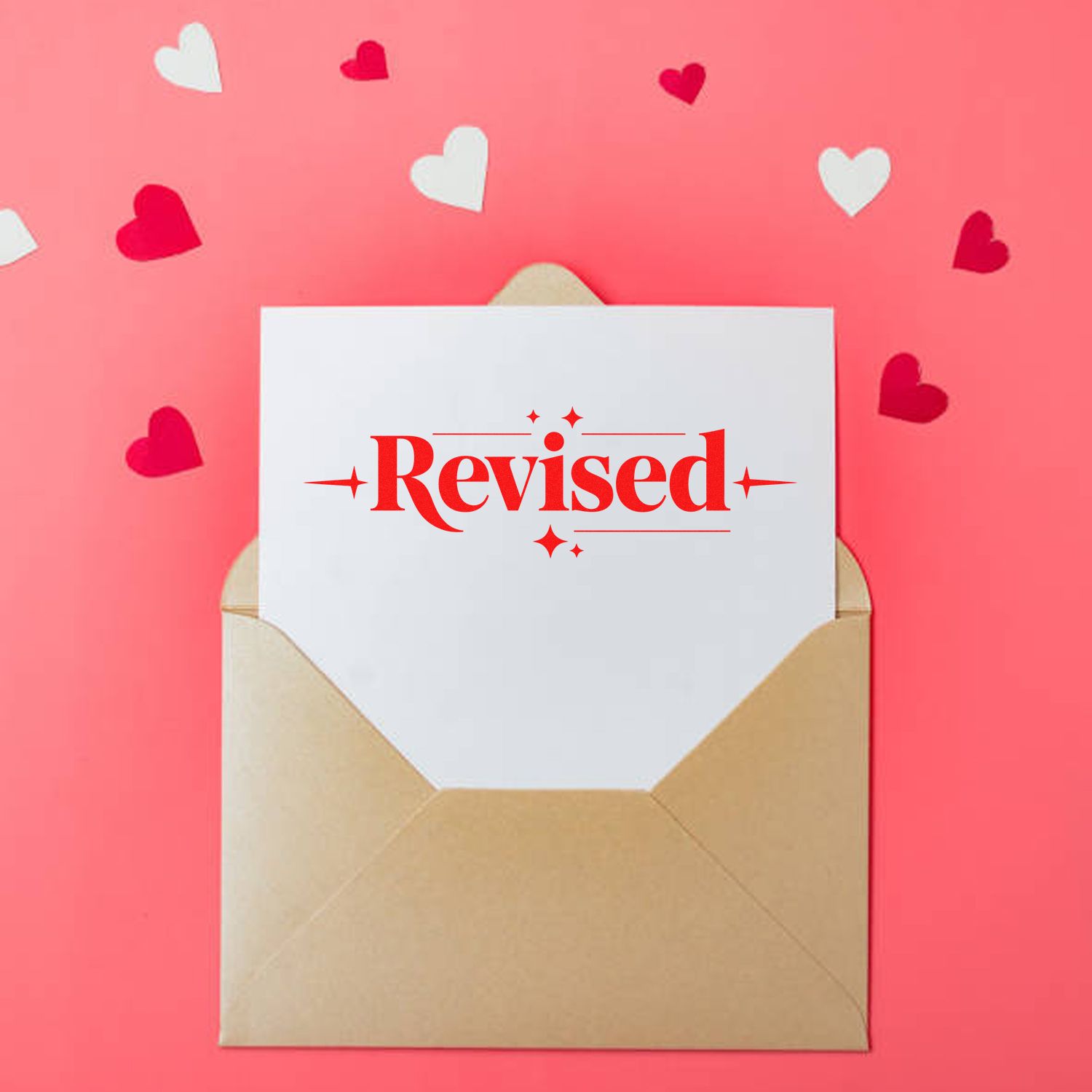 Red Revised stamp on a white card in a tan envelope, with pink and white heart seals on a coral background.