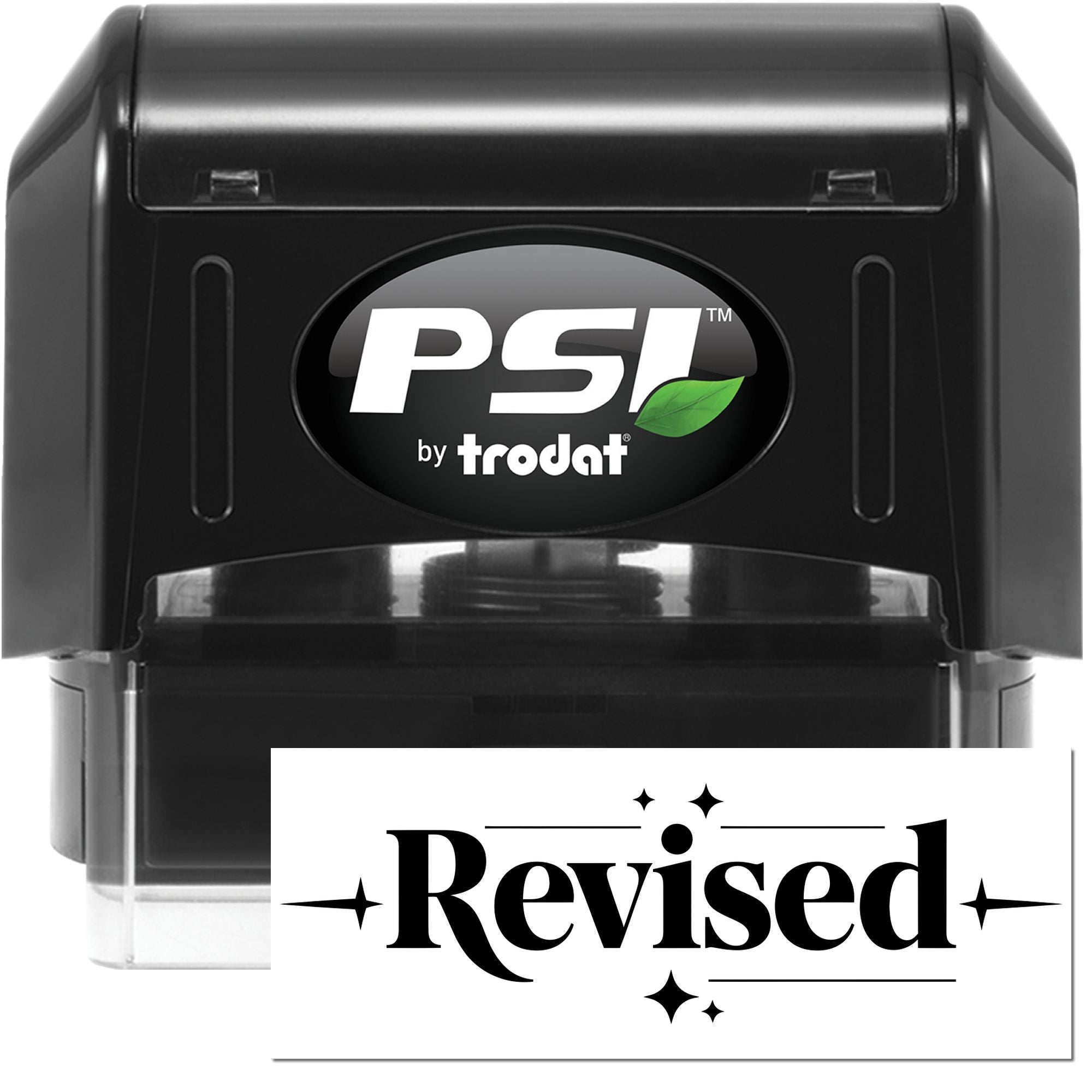 Black PSI by Trodat self-inking stamp and seal set, black with green leaf logo and white Revised seal.