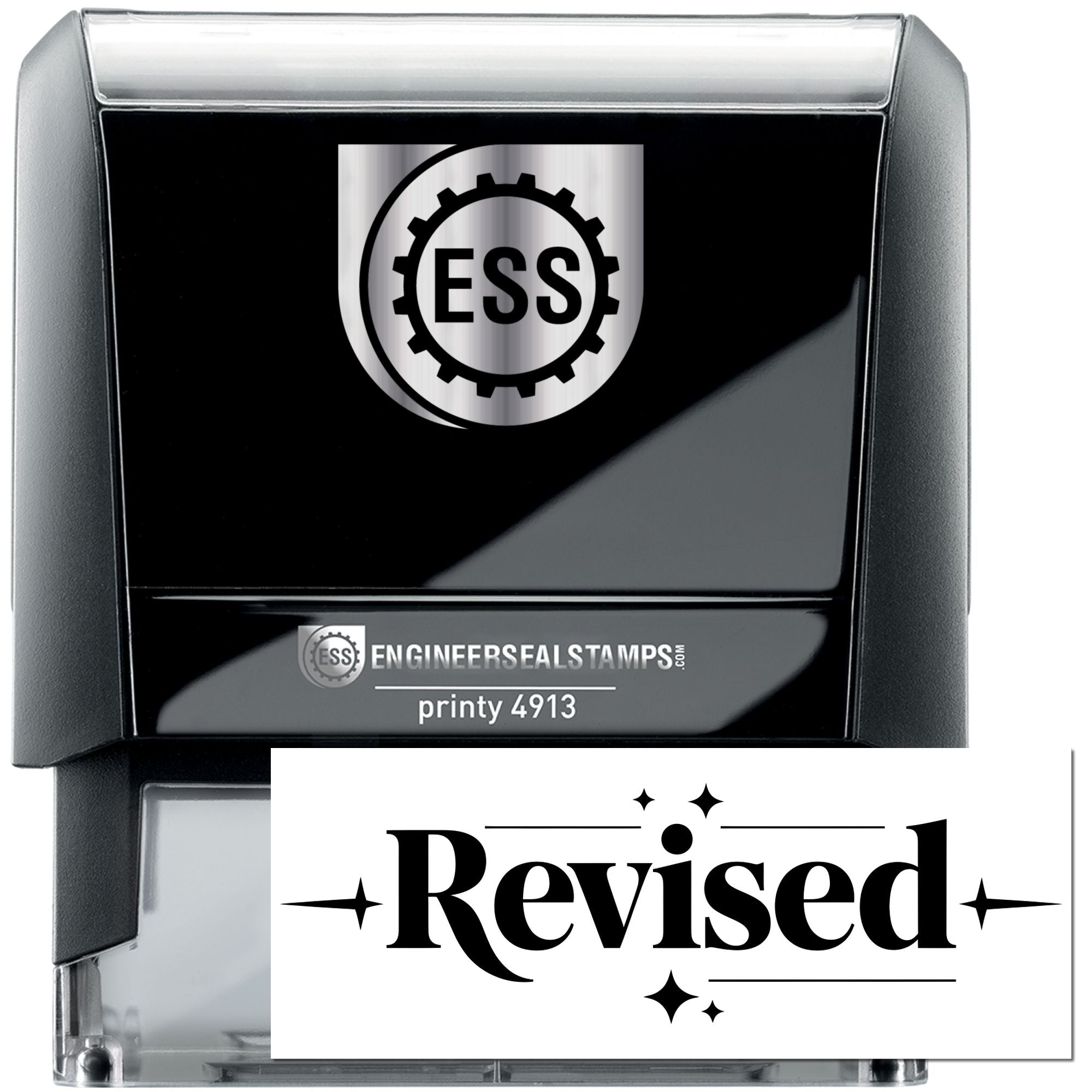 Black and silver self-inking engineer seal stamp, ESS logo, with bold Revised imprint.