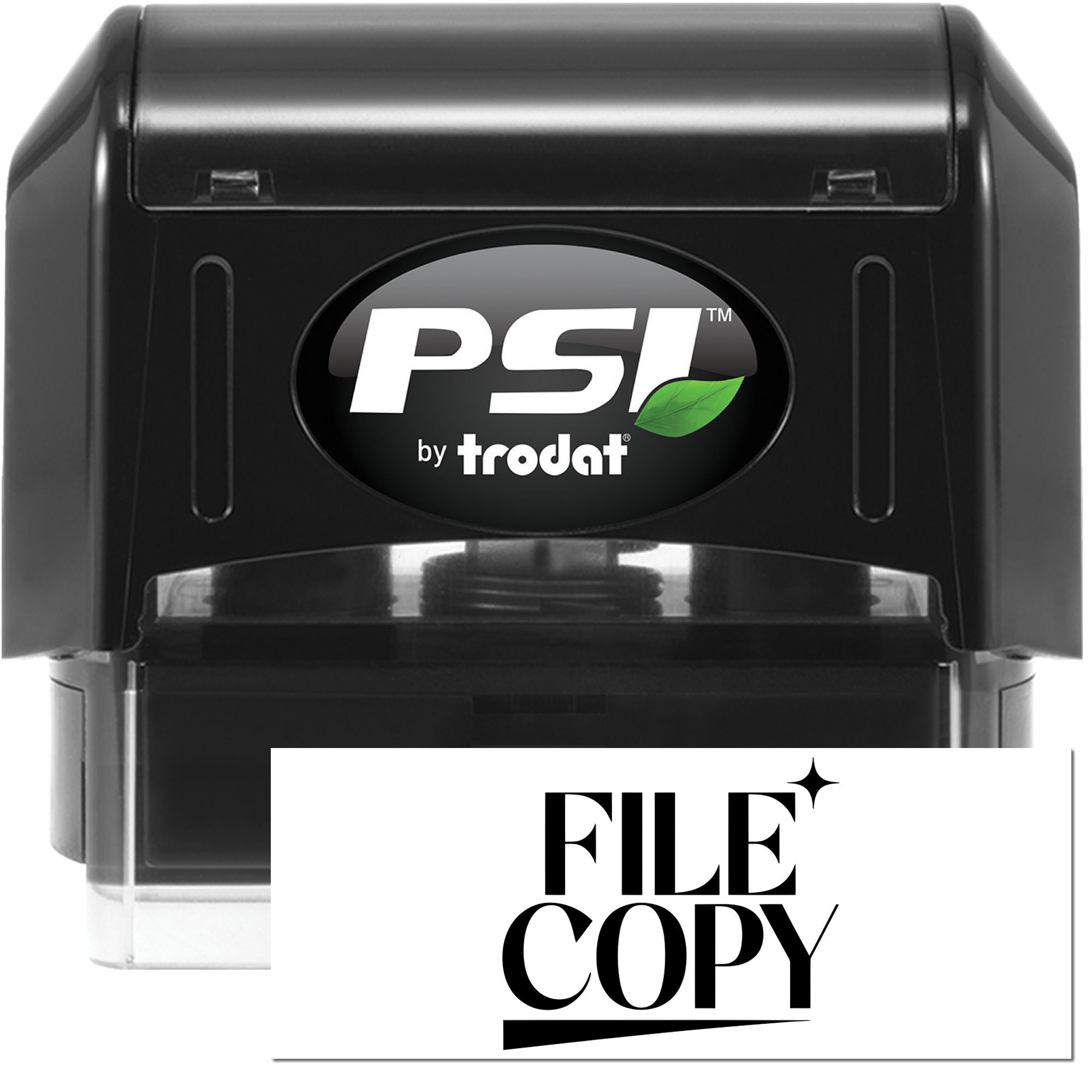 Black PSI by Trodat self-inking stamp and seal with clear base and bold FILE COPY mark on white.