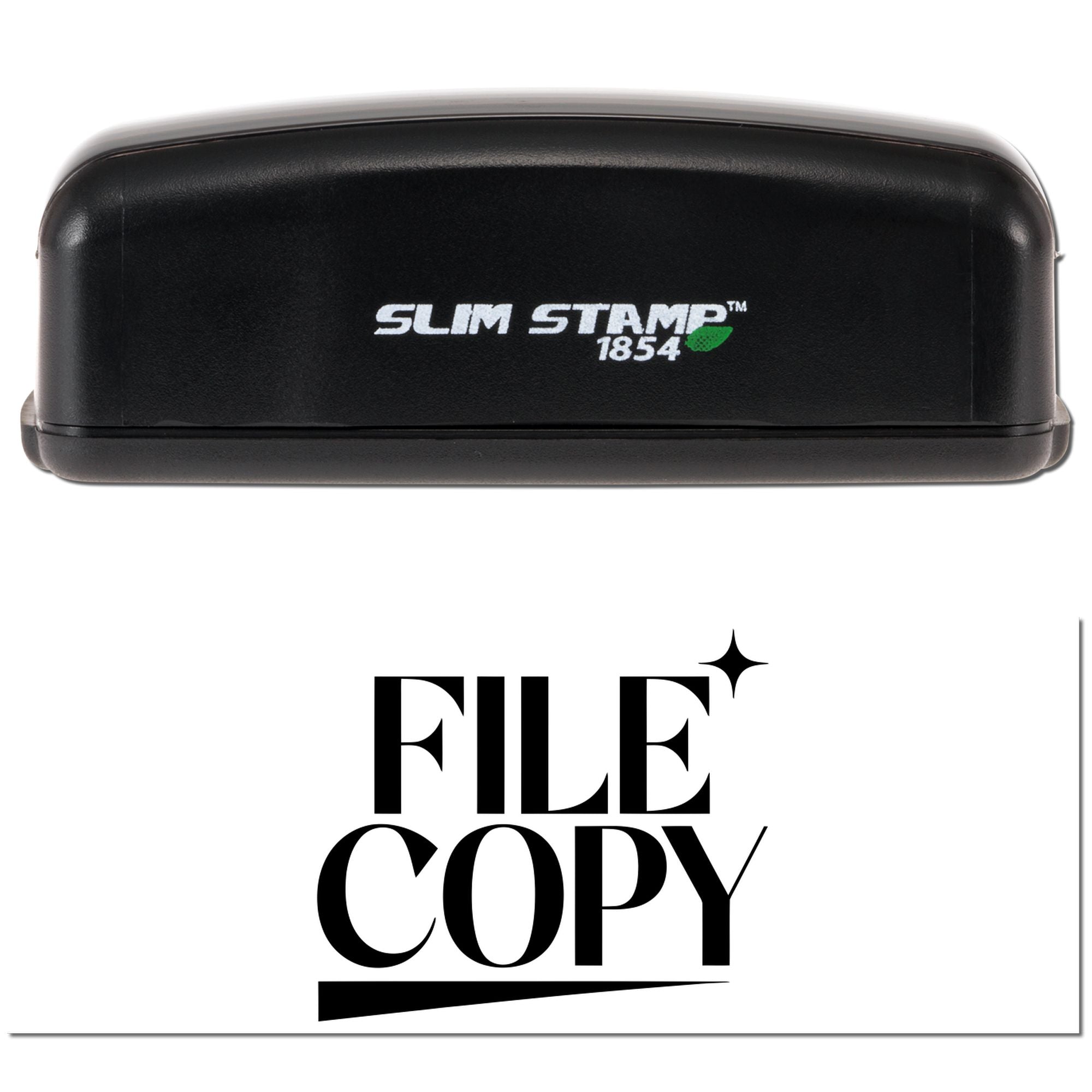 Black Slim Stamp 1854 self-inking stamp with FILE COPY seal text and green accent on white background.