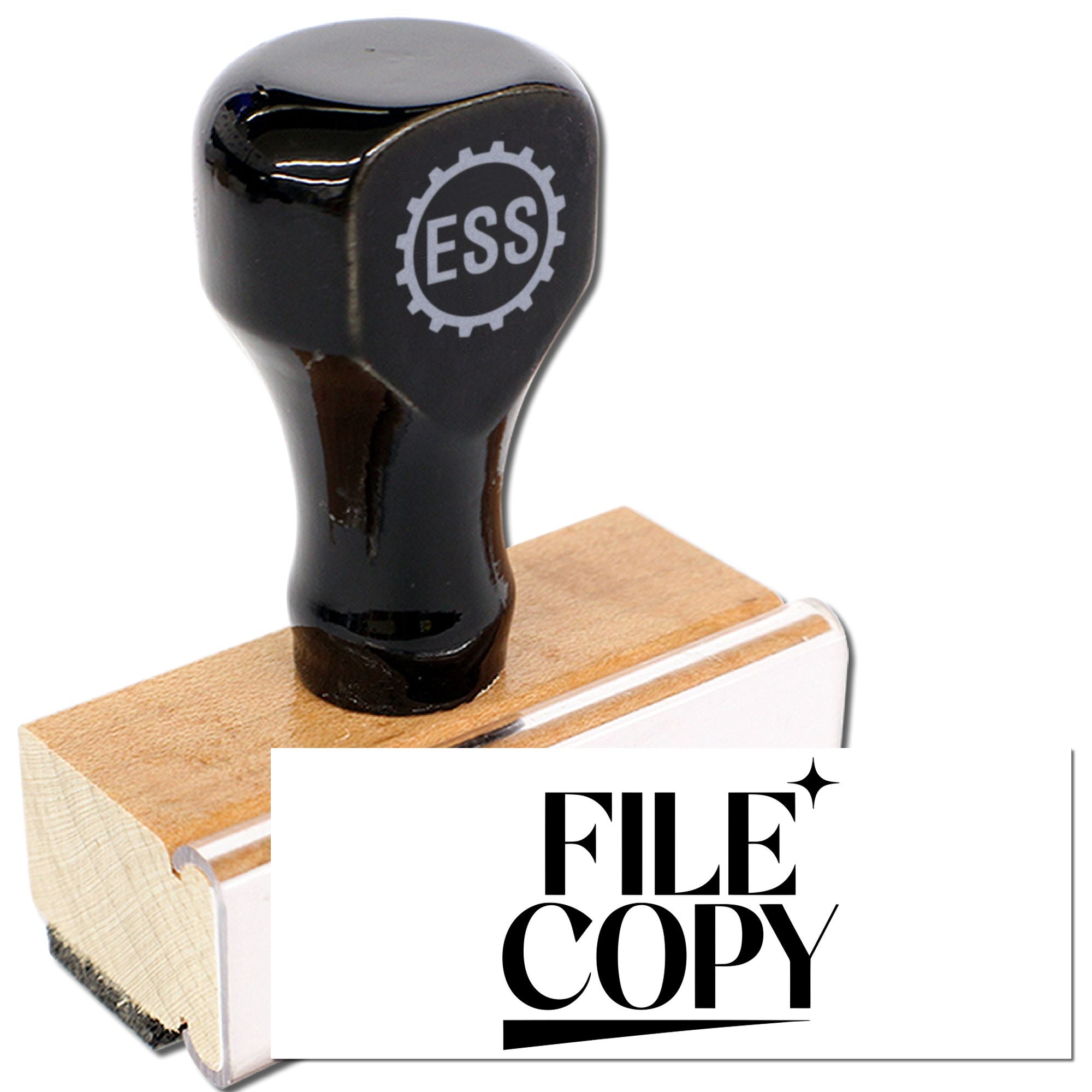 Black rubber stamp with wooden seal block, printing FILE COPY in bold on white background.