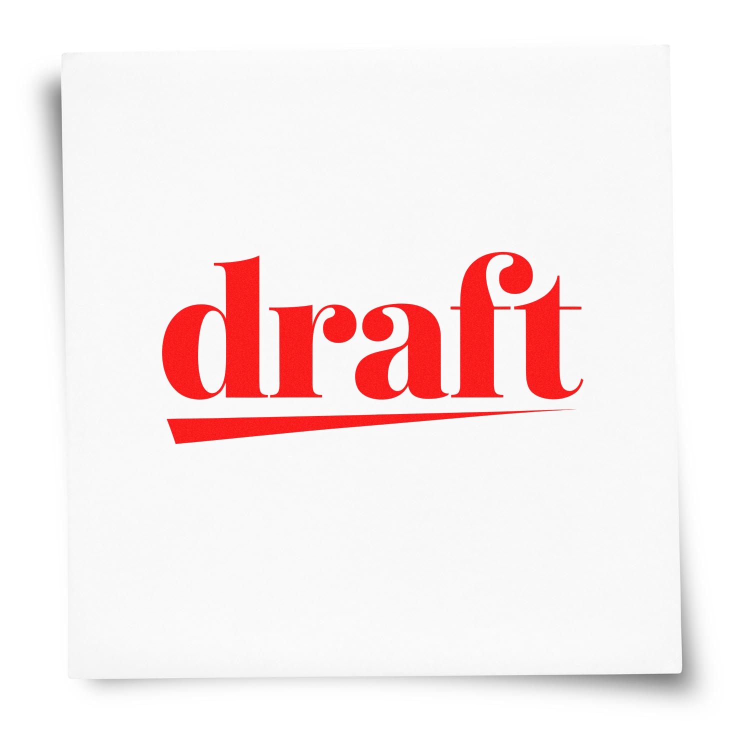 White stamp/seal product with bold red draft text and underline on square paper