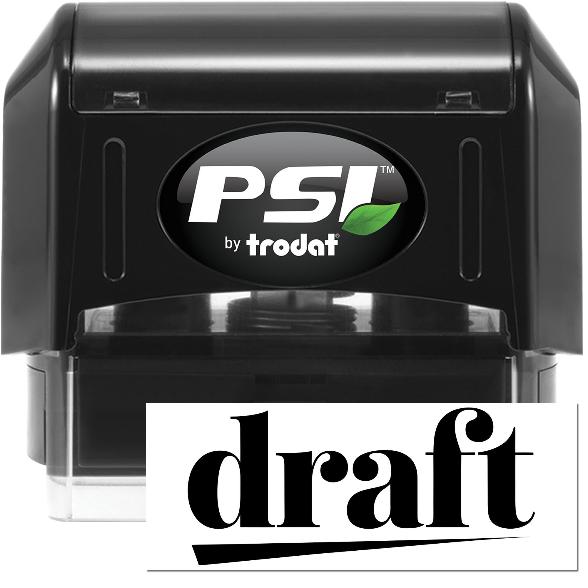 Black PSI by Trodat self-inking stamp and seal with white logo and green leaf, featuring a draft imprint.