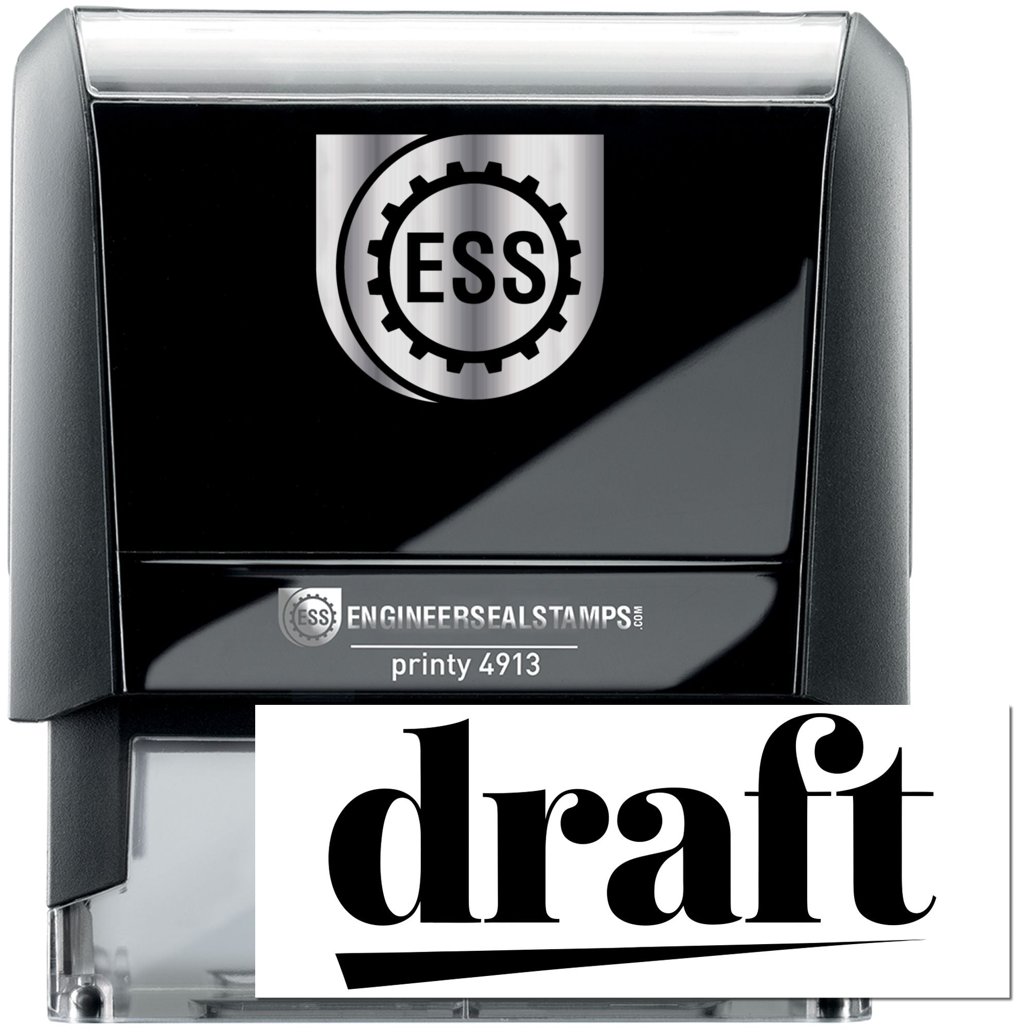 Black ESS self-inking stamp and seal with silver casing, gear logo, and draft imprint