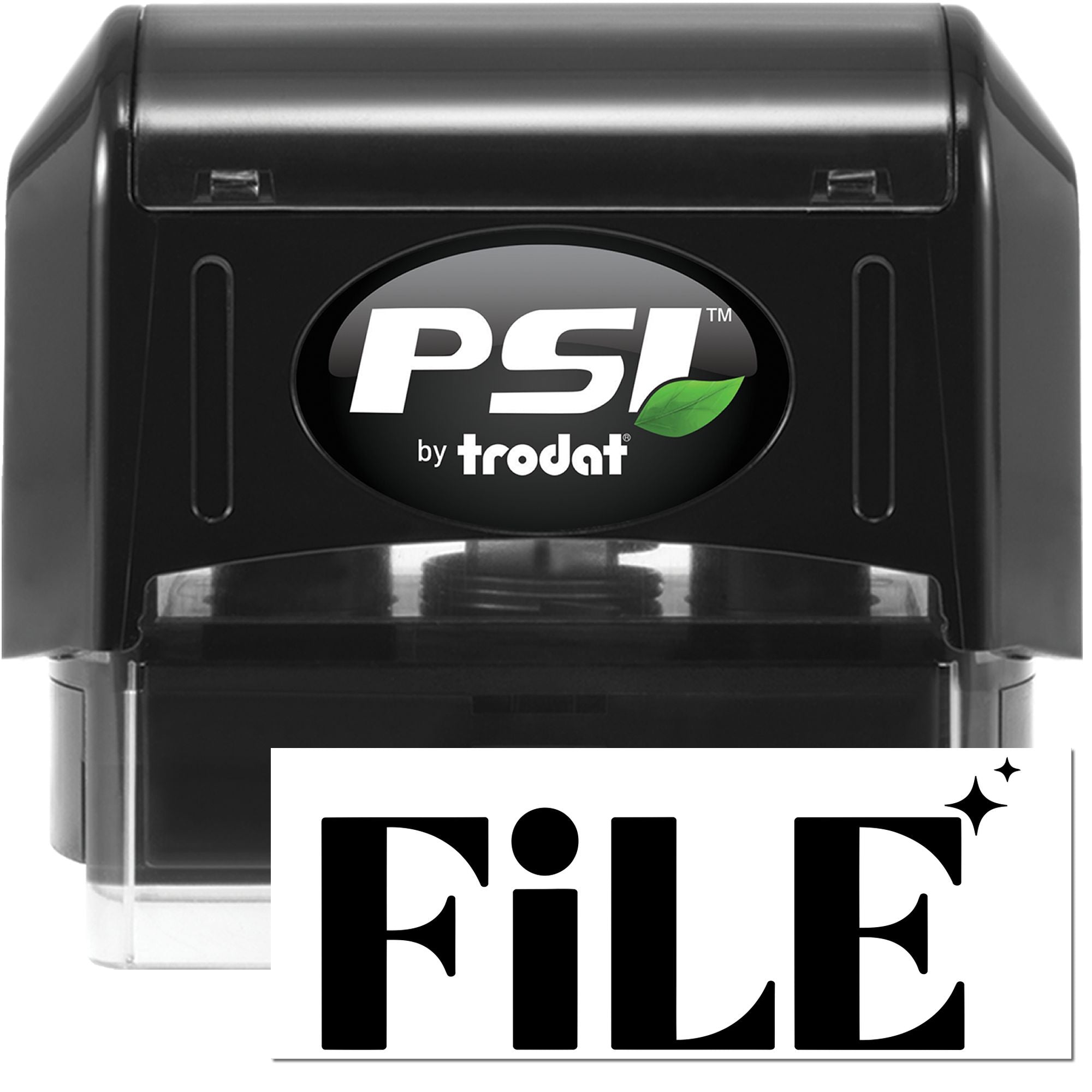 Black PSI by Trodat self-inking file stamp and seal with clear case and FILE imprint