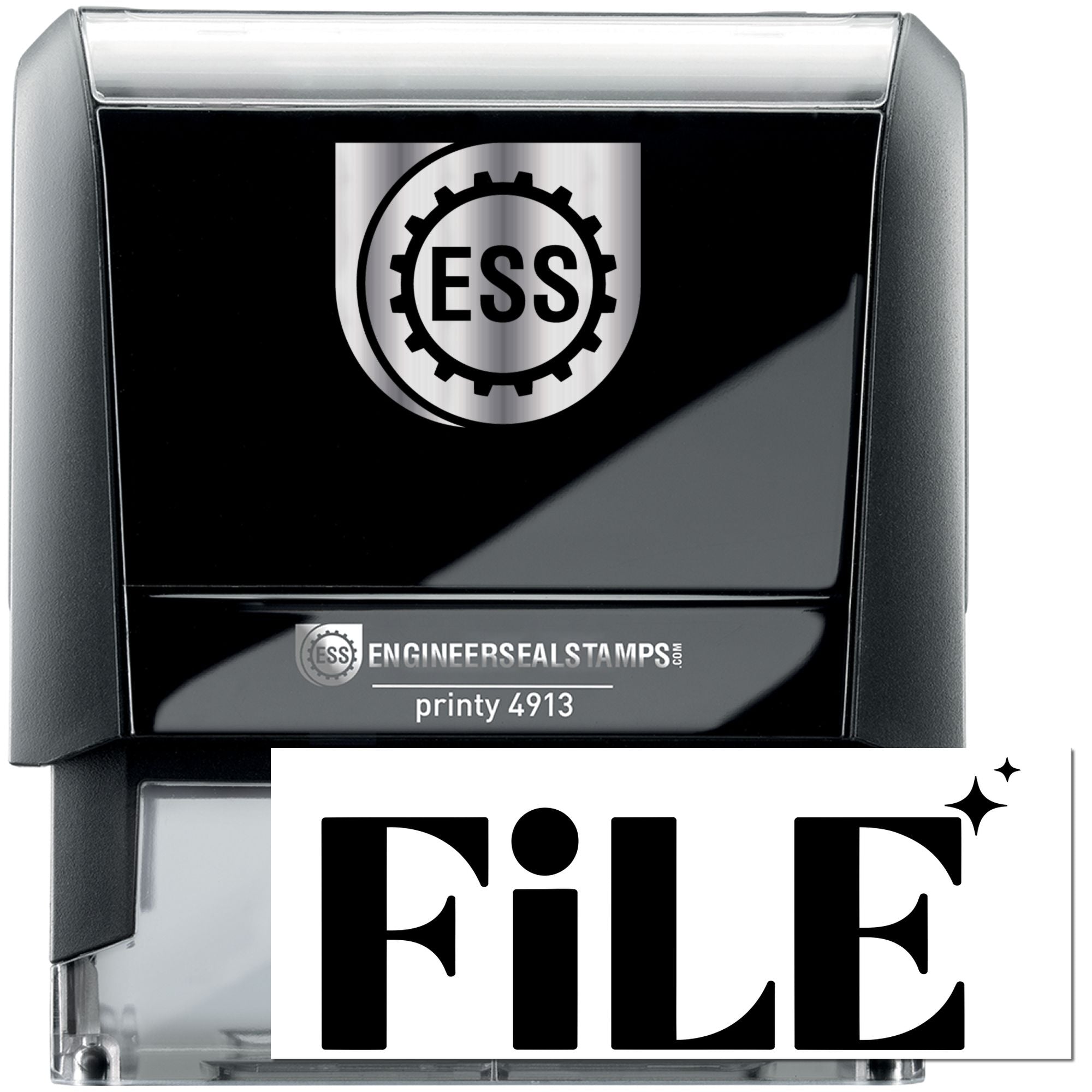 Black self-inking engineer seal stamp with silver ESS logo and bold FILE imprint on a white insert