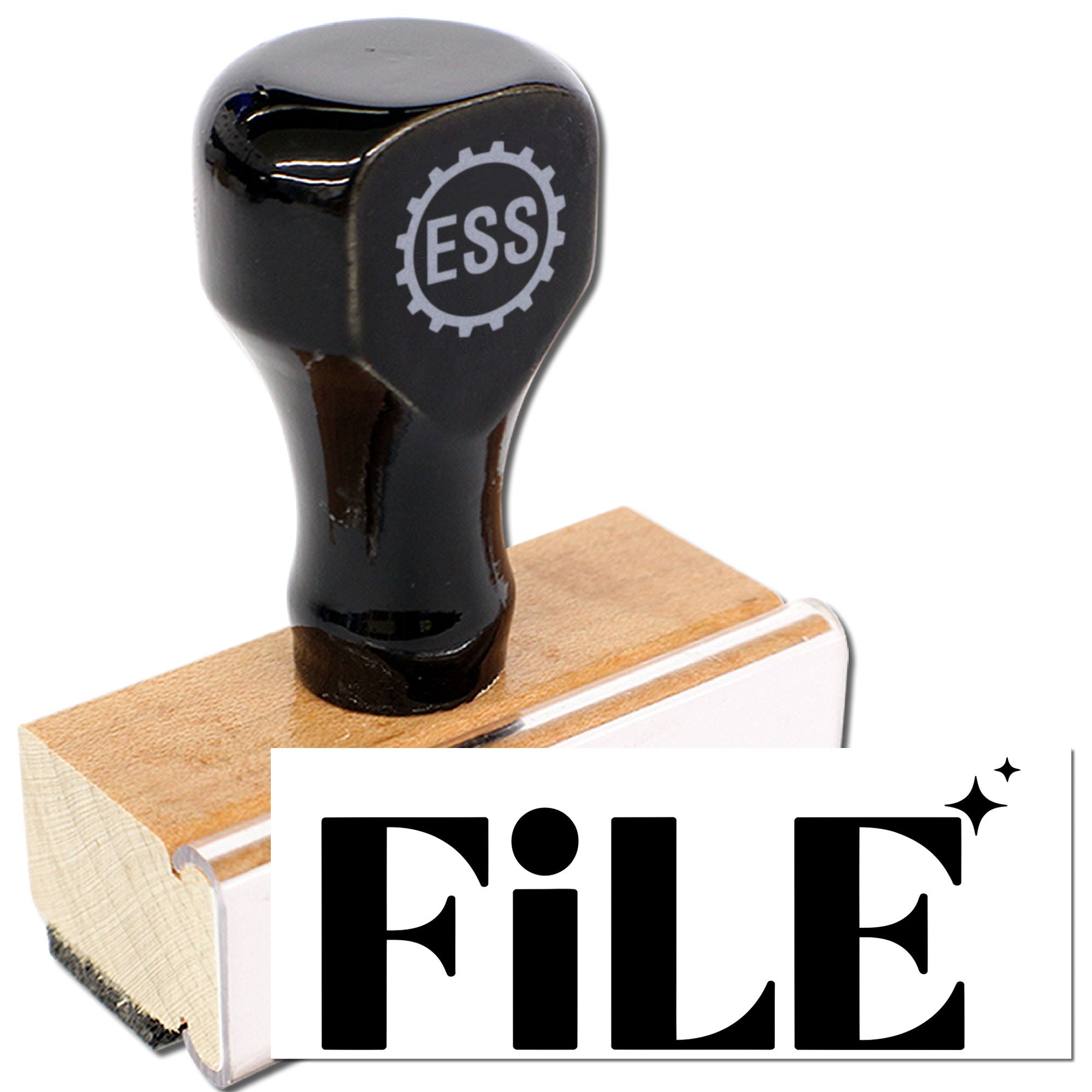 Black ESS rubber stamp and seal on wooden mount, imprinting FILE on white paper