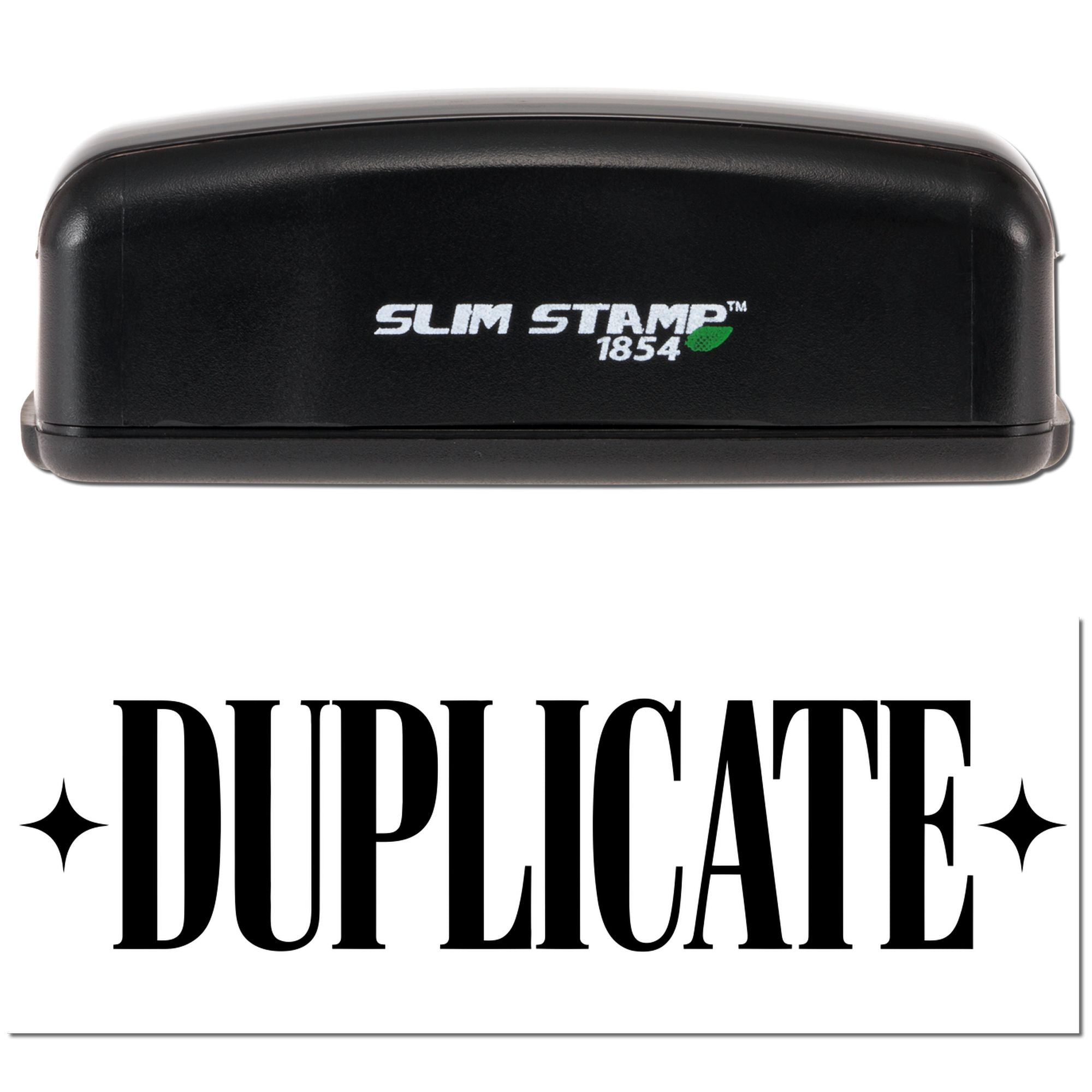 Black Slim Stamp 1854 self-inking seal with duplicate label on white background.