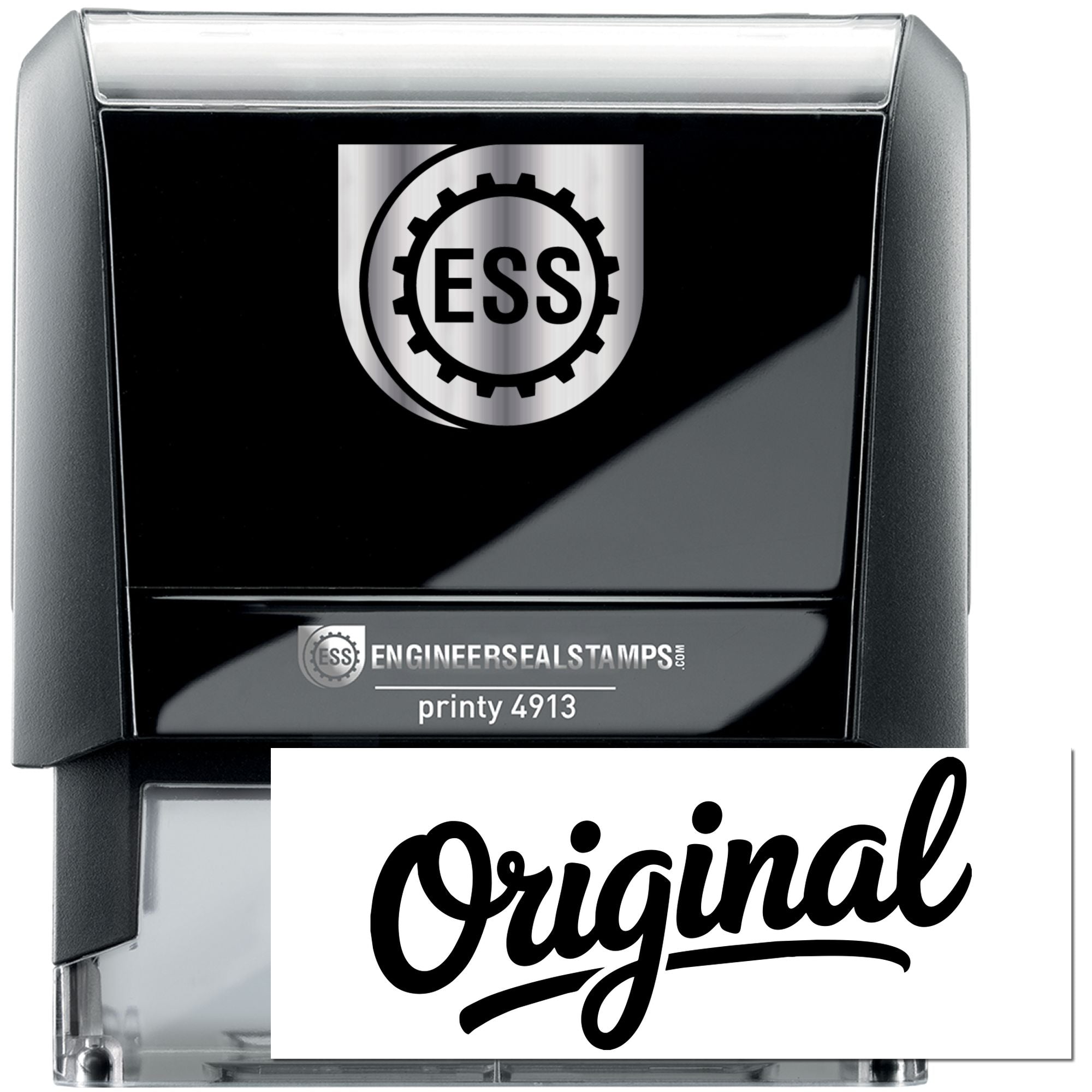 Black self-inking engineer seal stamp with ESS logo, silver top, and bold script Original on white insert.