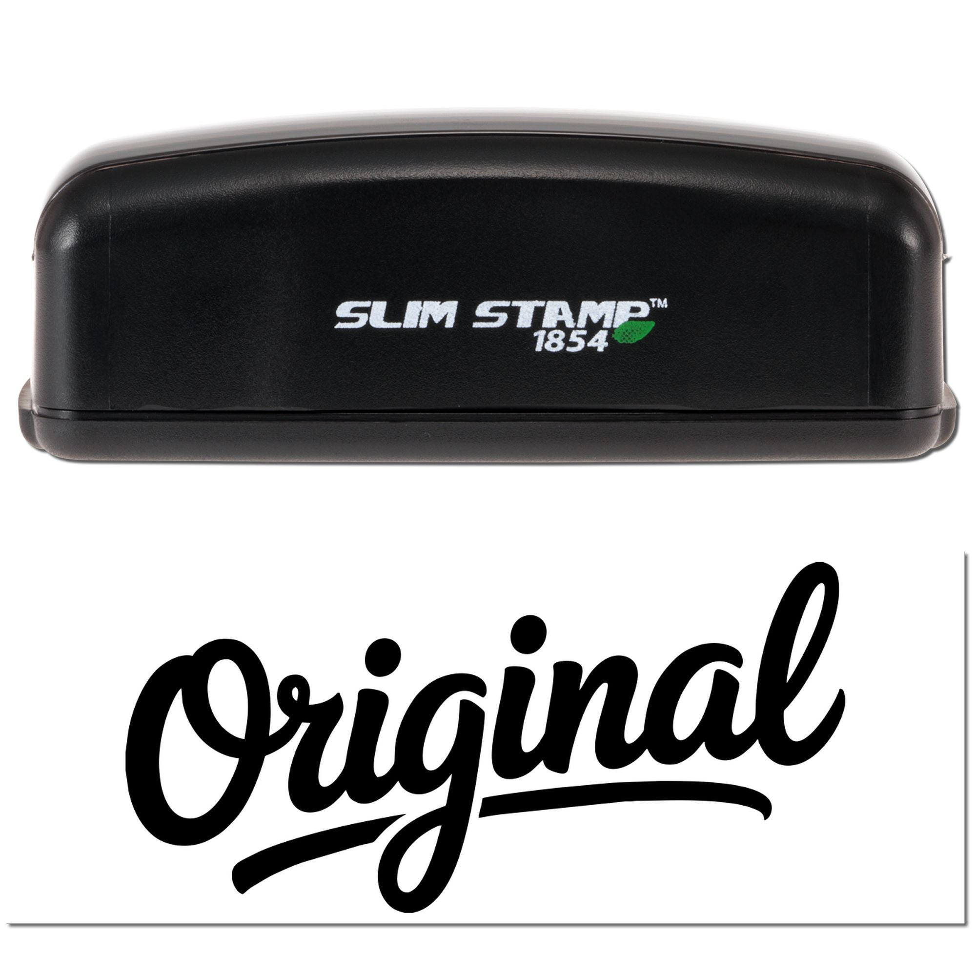 Black Slim Stamp 1854 self-inking stamp and seal with green leaf logo above bold black Original script on white background.