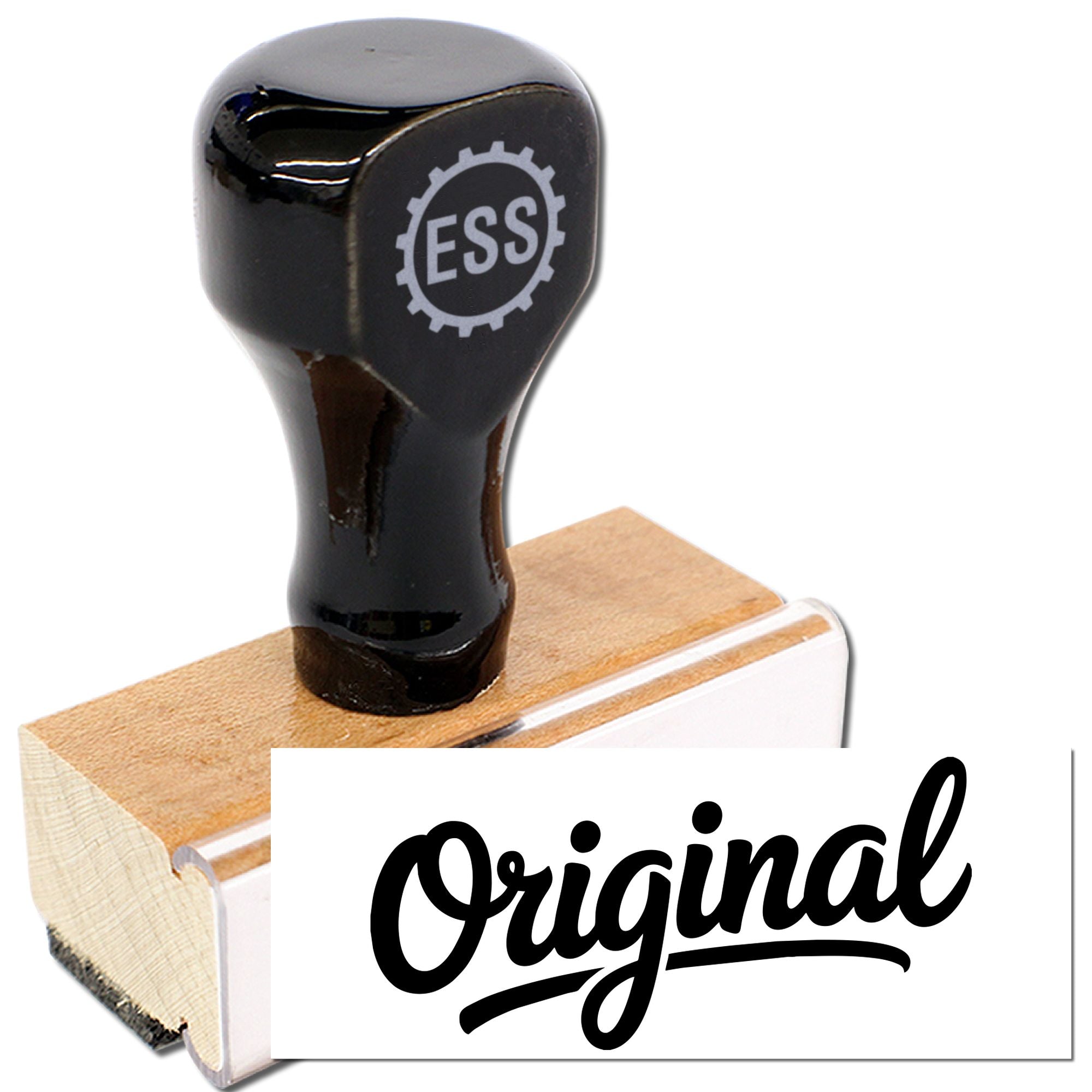 Black rubber stamp and wooden seal block with Original text on white background