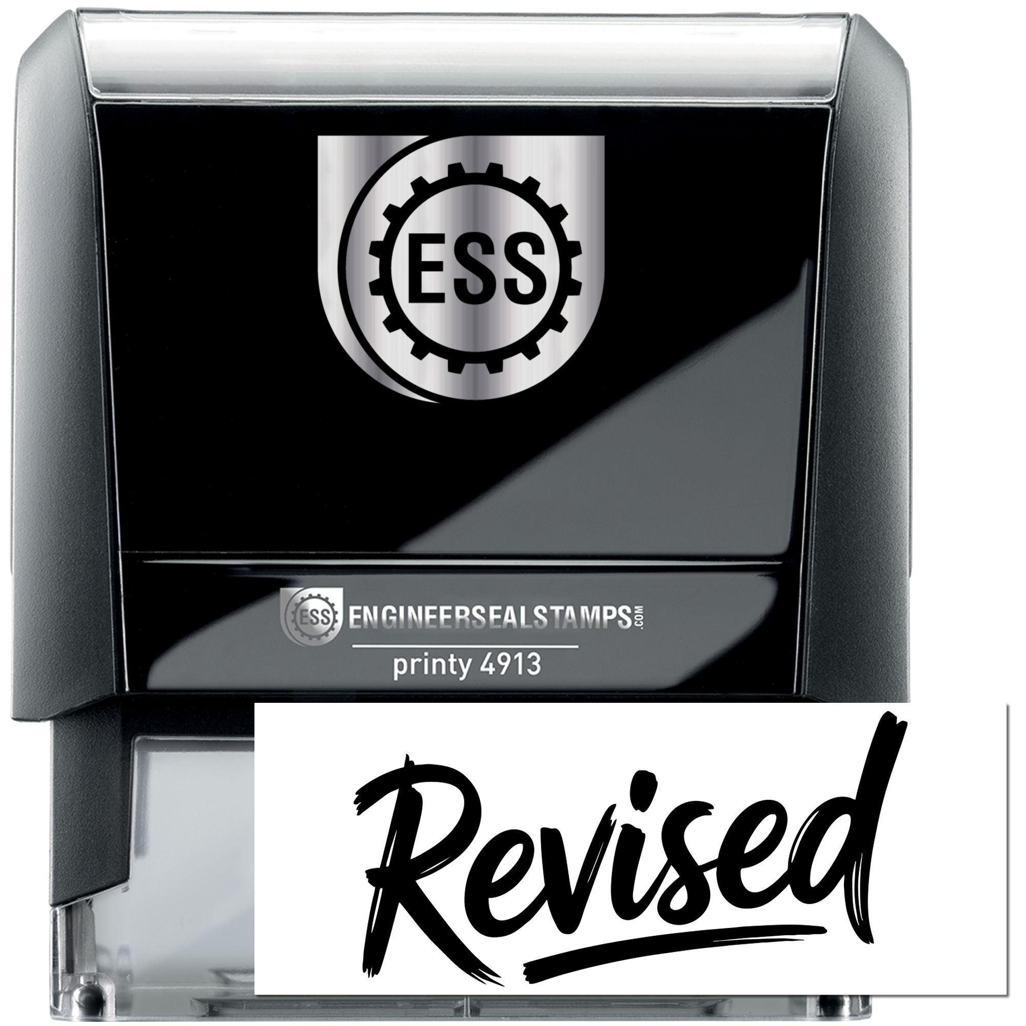Black self-inking engineer seal stamp with silver top, black body, ESS logo, and bold Revised imprint.