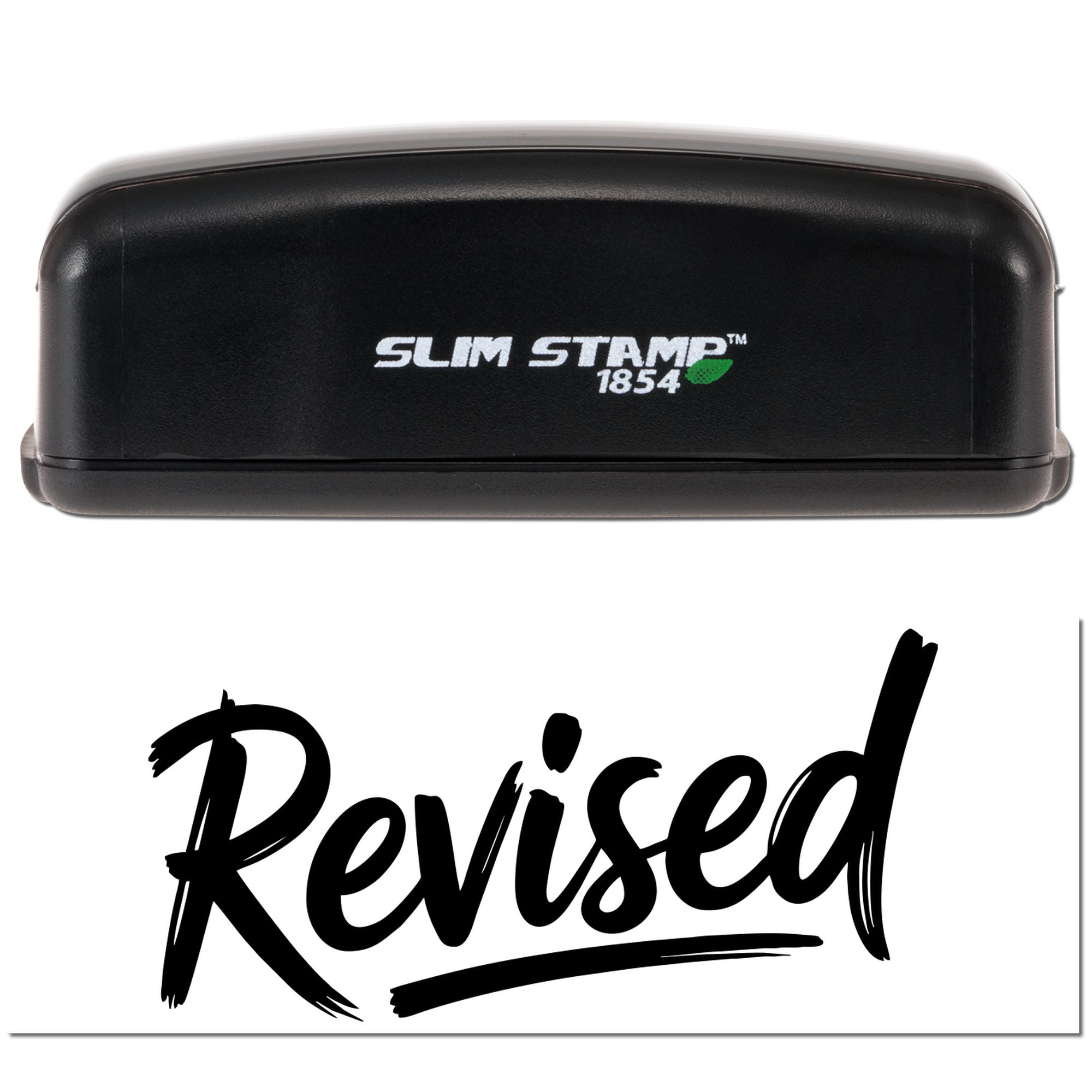 Black Slim Stamp 1854 self-inking stamp with bold Revised seal imprint on white background.