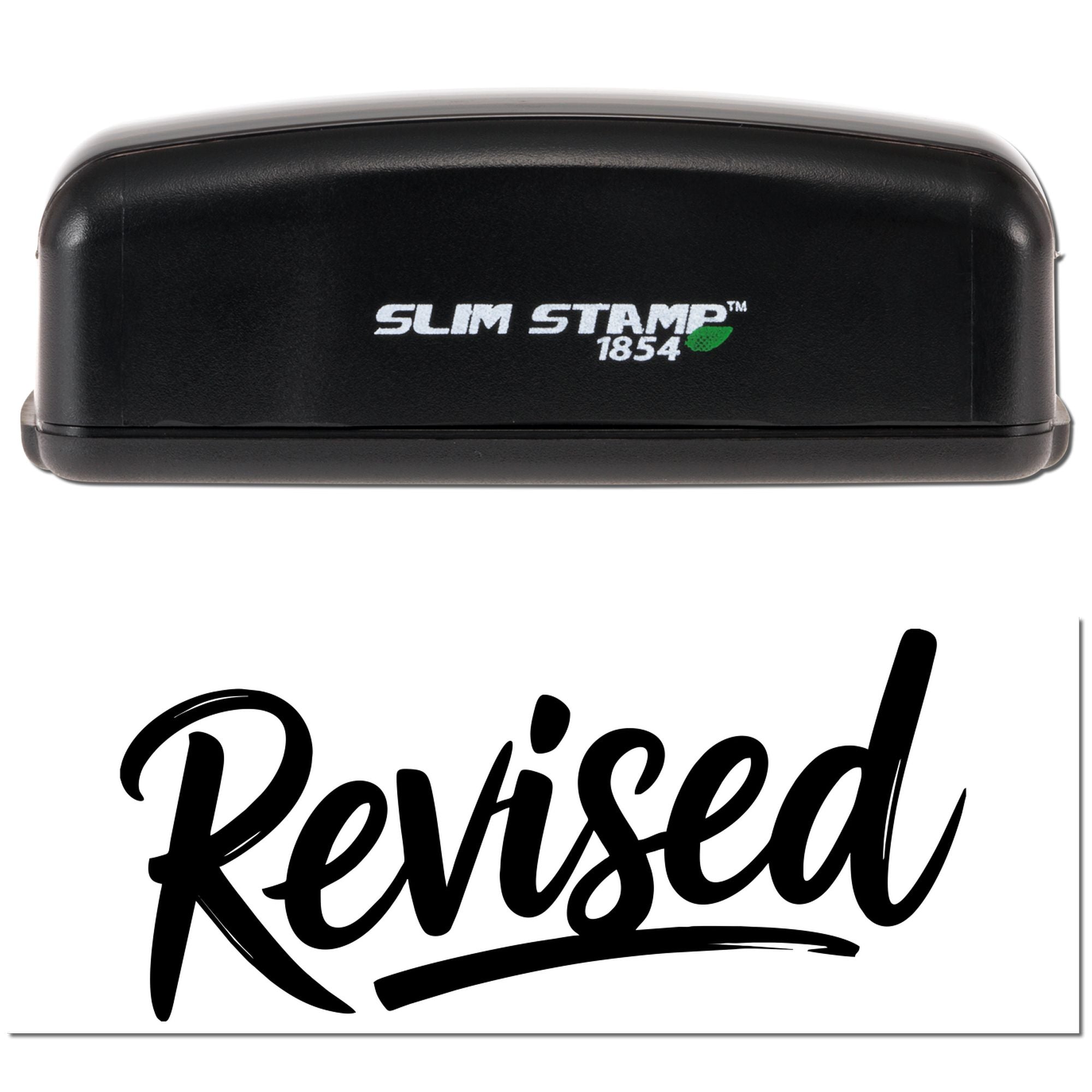 Black Slim Stamp 1854 self-inking stamp with green leaf logo, above a bold black Revised seal on white background.