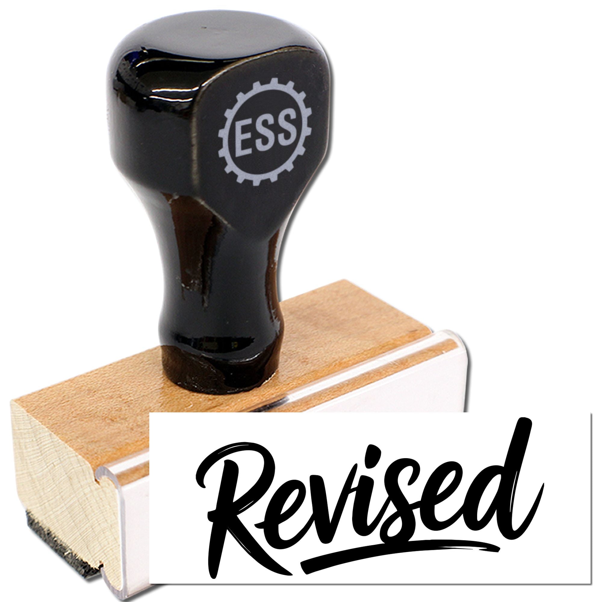 Black ESS rubber stamp and seal on wooden block, with bold Revised imprint