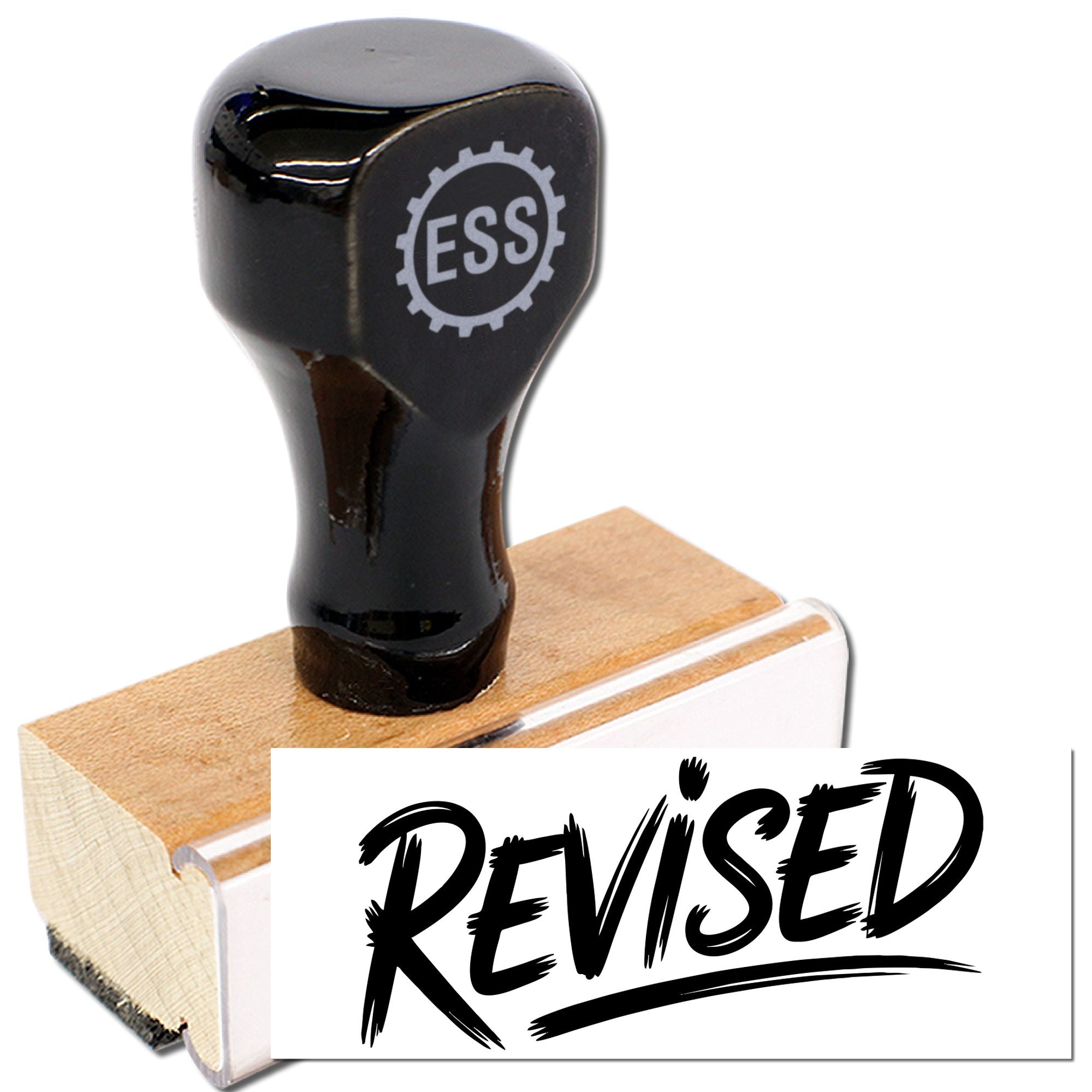 Black rubber stamp with wooden handle, showing a bold REVISED seal imprint and ESS logo.